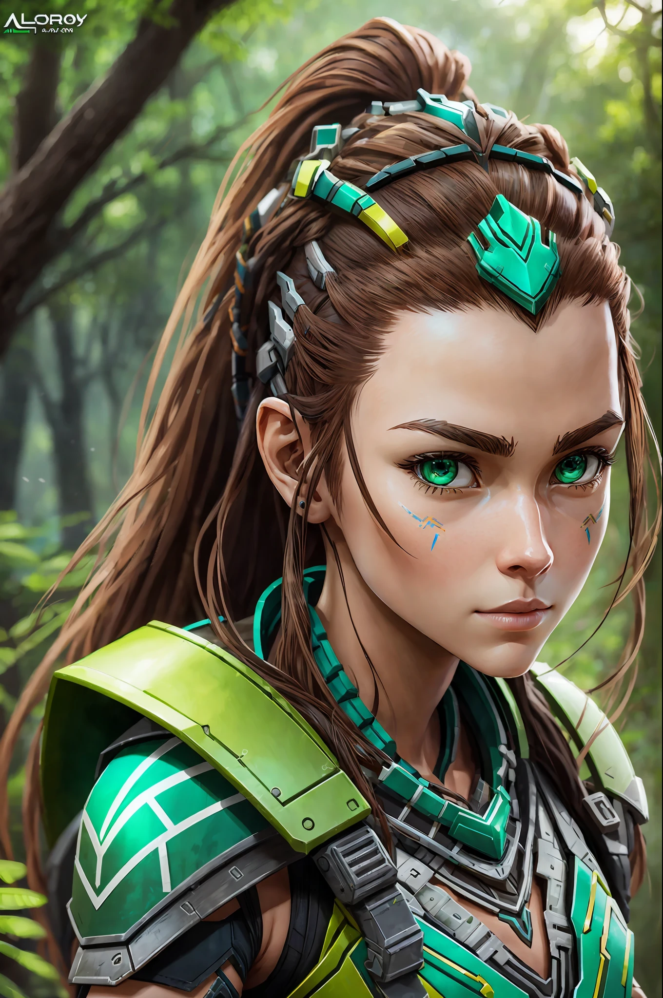 Create aloy from the game horizon zero dawn, in green and yellow armor, sexy ultrarealistic photorealistic 8k --auto --s2