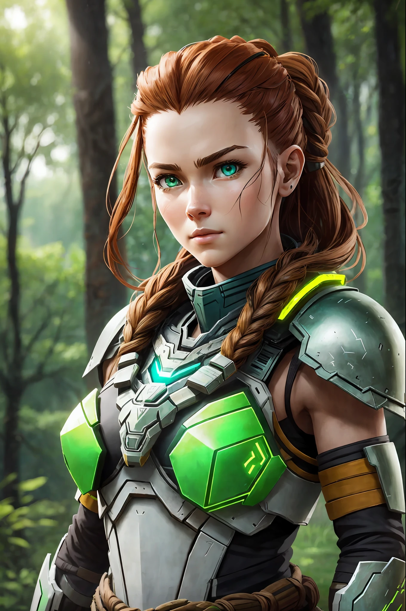 Create aloy from the game horizon zero dawn, in green and yellow armor, sexy ultrarealistic photorealistic 8k --auto --s2