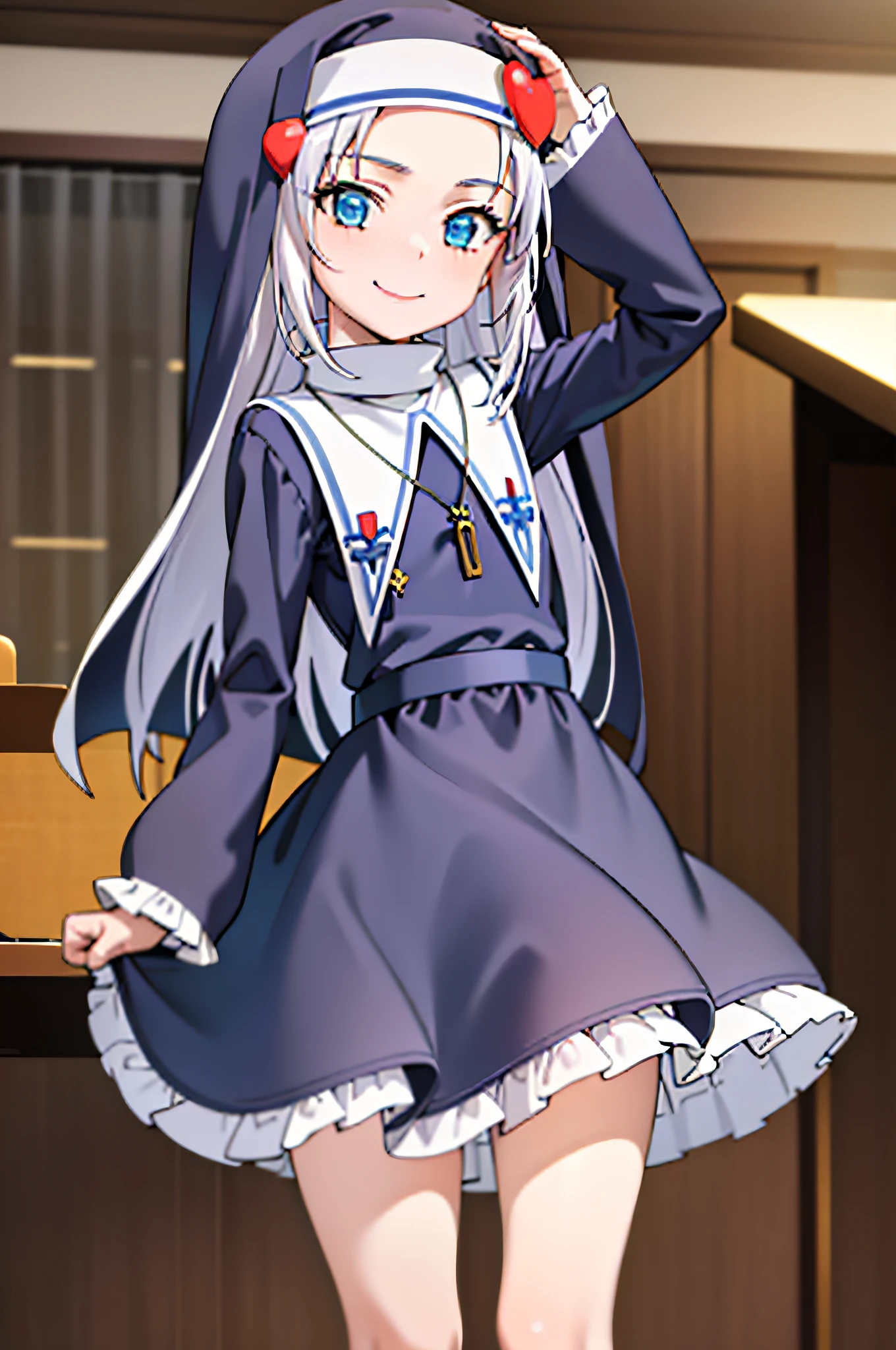 (best quality:1.1), (masterpiece:1.4), (absurdres:1.0), portrait, close-up,
1girl, takayama maria, silver hair, flat chest, blue eyes, long hair, nun, looking at viewer, classroom, smile,