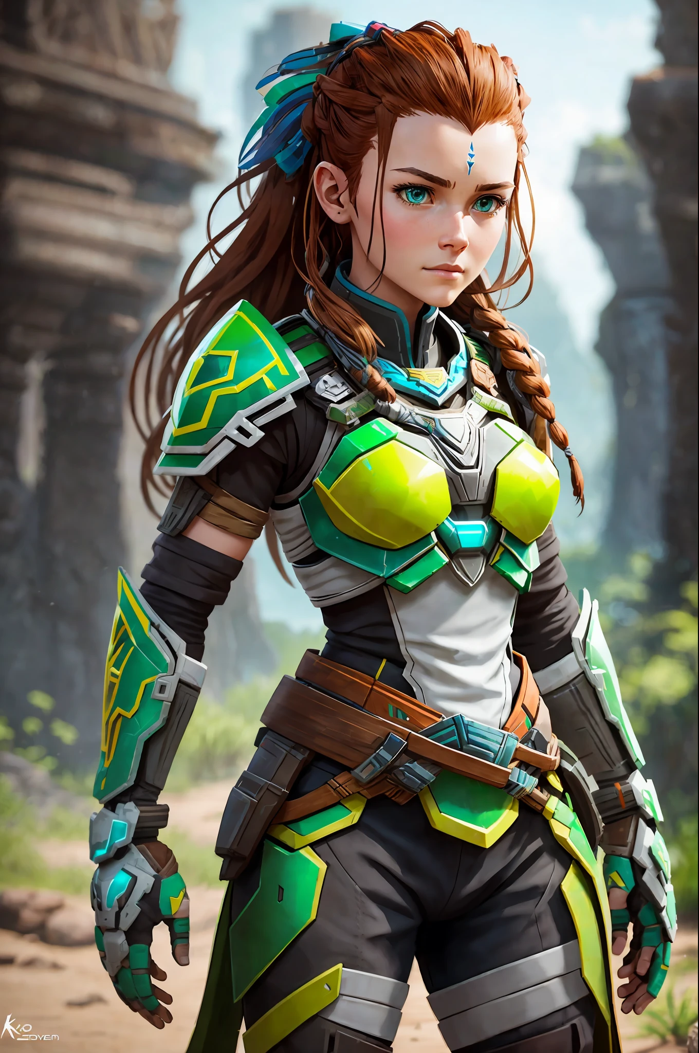 Create aloy from the game horizon zero dawn, in green and yellow armor, sexy ultrarealistic photorealistic 8k --auto --s2
