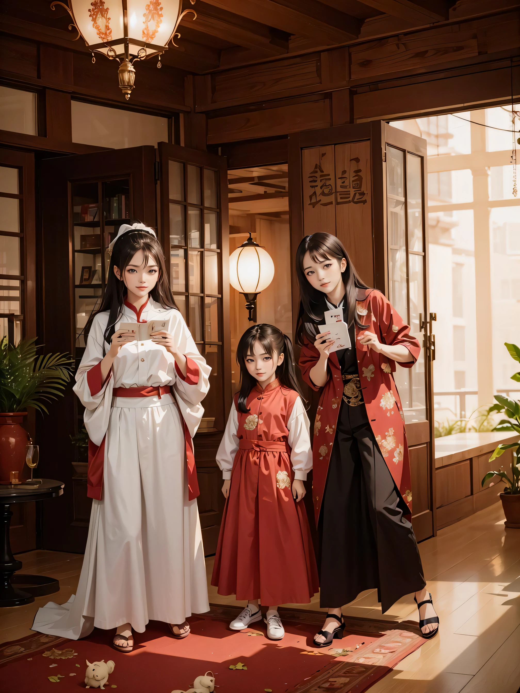 multiple girls, 3girls,books,Chuckle smile,Masterpiece, best quality, high quality, extremely detailed 8K resolution, a beautiful lady with long, straight jet black hair adorned with a delicate jade headpiece, mesmerizing almond-shaped brown eyes, dressed in a traditional Chinese qipao with intricate dragon embroidery, in a serene Chinese garden filled with blooming peonies and tranquil lotus ponds, under the soft, pink glow of the setting sun, a style reminiscent of the traditional Chinese painting, inspired by the paintings of Zhang Daqian, digital painting, traditional Chinese painting, pastel color palette, trending on30. Masterpiece, high quality, extremely detailed 8K resolution, a beautiful lady with medium-length, wavy golden hair adorned with a delicate diamond tiara, enchanting violet eyes, dressed in a glamorous Hollywood gown with intricate sequin detailing, in a grand Hollywood movie premiere filled with flashing cameras and adoring fans, under the bright, white glow of spotlight, a style reminiscent of the Hollywood golden era, inspired by the photography of George Hurrell, digital painting, glamour, vibrant color palette, trending on ArtStation, trending on CGSociety, Intricate, High Detail, dramatic, art by midjourney.,