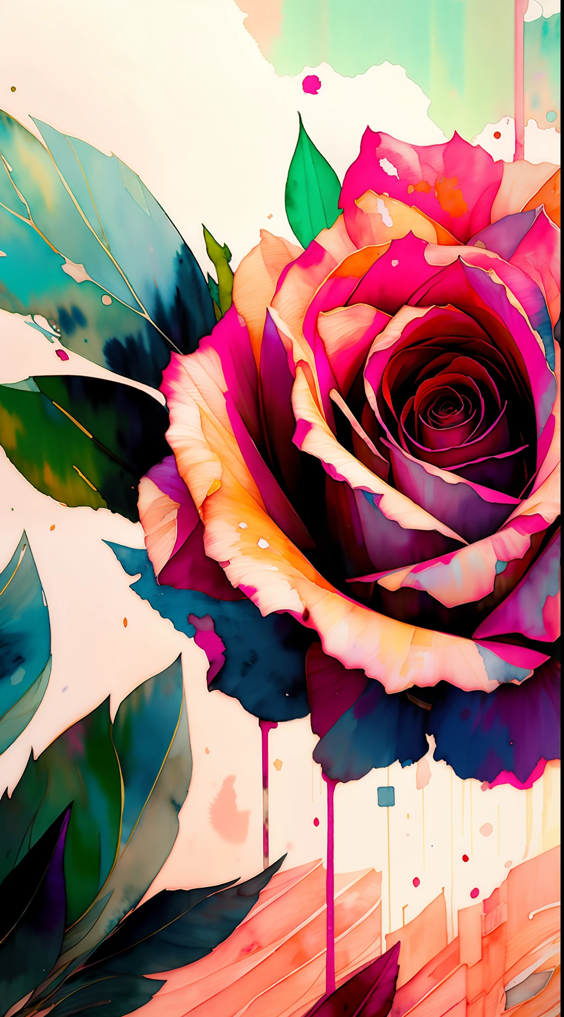 wtrcolor style, (rose) digital art, official art, blown by the wind, masterpiece, beautiful, ((watercolor)), paint splatter, intricate detail. Great detail, [dripping:0.7], Trending on Artstation, Rachel Walker
