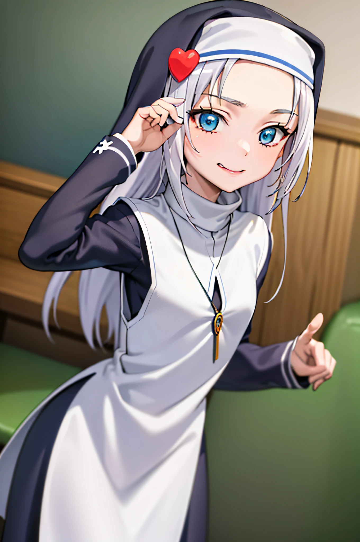 (best quality:1.1), (masterpiece:1.4), (absurdres:1.0), portrait, close-up,
1girl, takayama maria, silver hair, flat chest, blue eyes, long hair, nun, looking at viewer, classroom, smile,