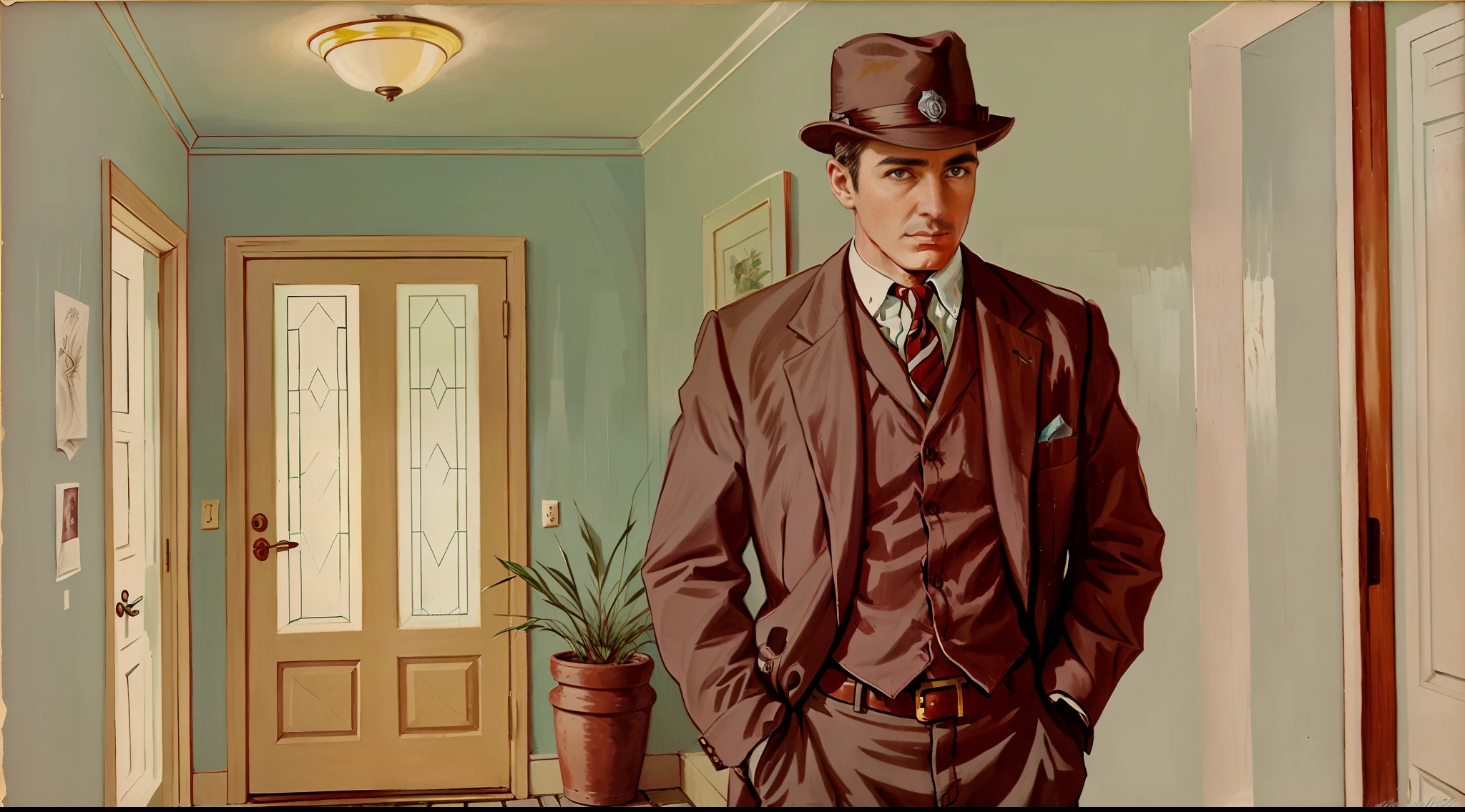 male detective, wearing a hat, looking stern, standing in the hallway of a house, vintage art, illustration, upper body perspective