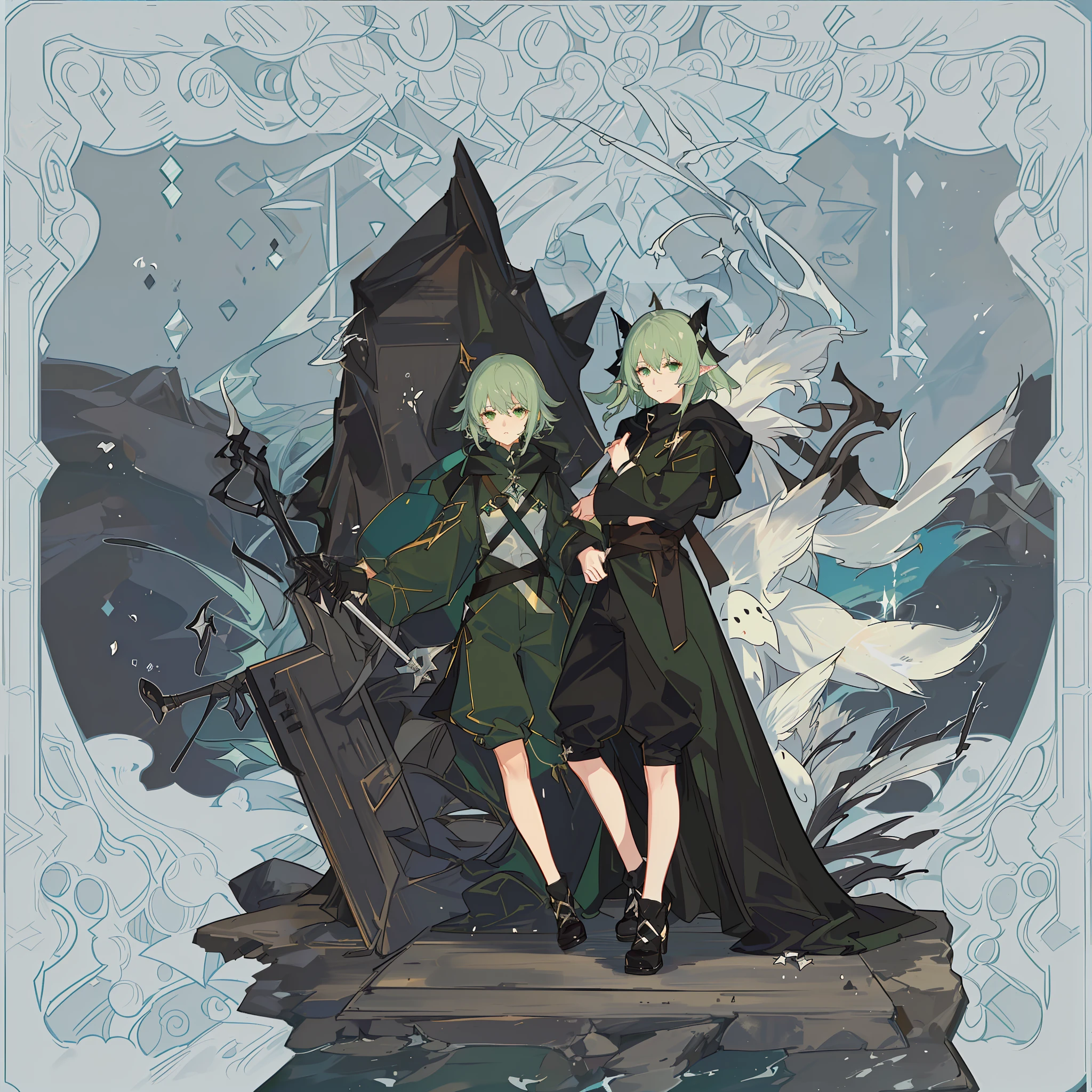 Anime Girl, Elf, Anime Elf, Dark Green, Water, Ocean, (Abyss), Hood, Black Wire-rimmed Hood, Jumpsuit, Various Poses, Battle Costume, Genshin, Front View, Front View, Black Box, (Black Box in Hand), Relaxed Expression, Sexy, Beauty