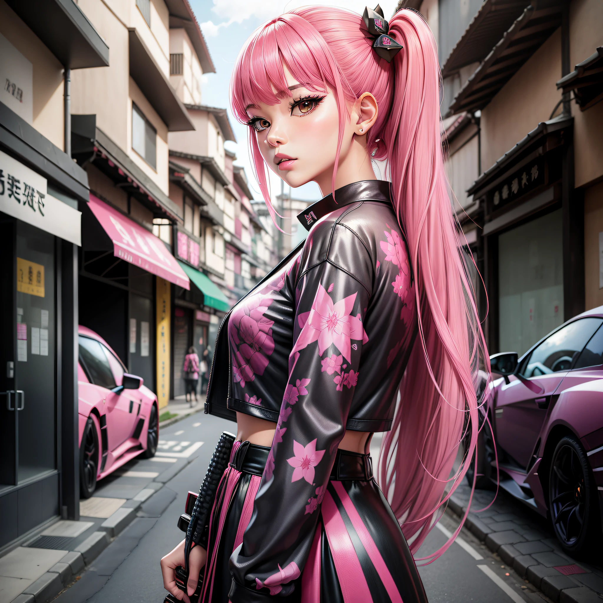 blackpink girl with katana and pink hair,lamborghini in the background of a japanese city,
