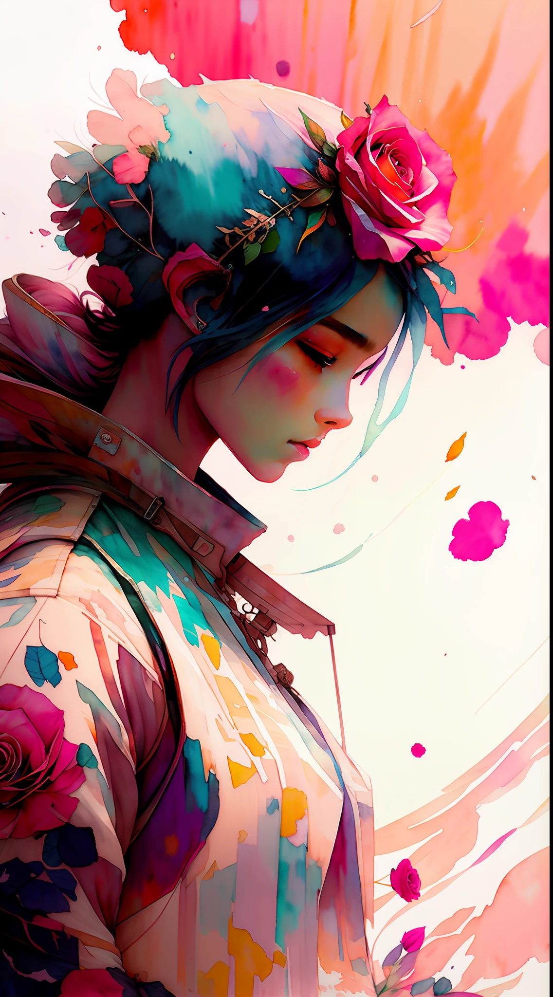 wtrcolor style, (rose) digital art, official art, blown by the wind, masterpiece, beautiful, ((watercolor)), paint splatter, intricate detail. Great detail, [dripping:0.7], Trending on Artstation, Rachel Walker