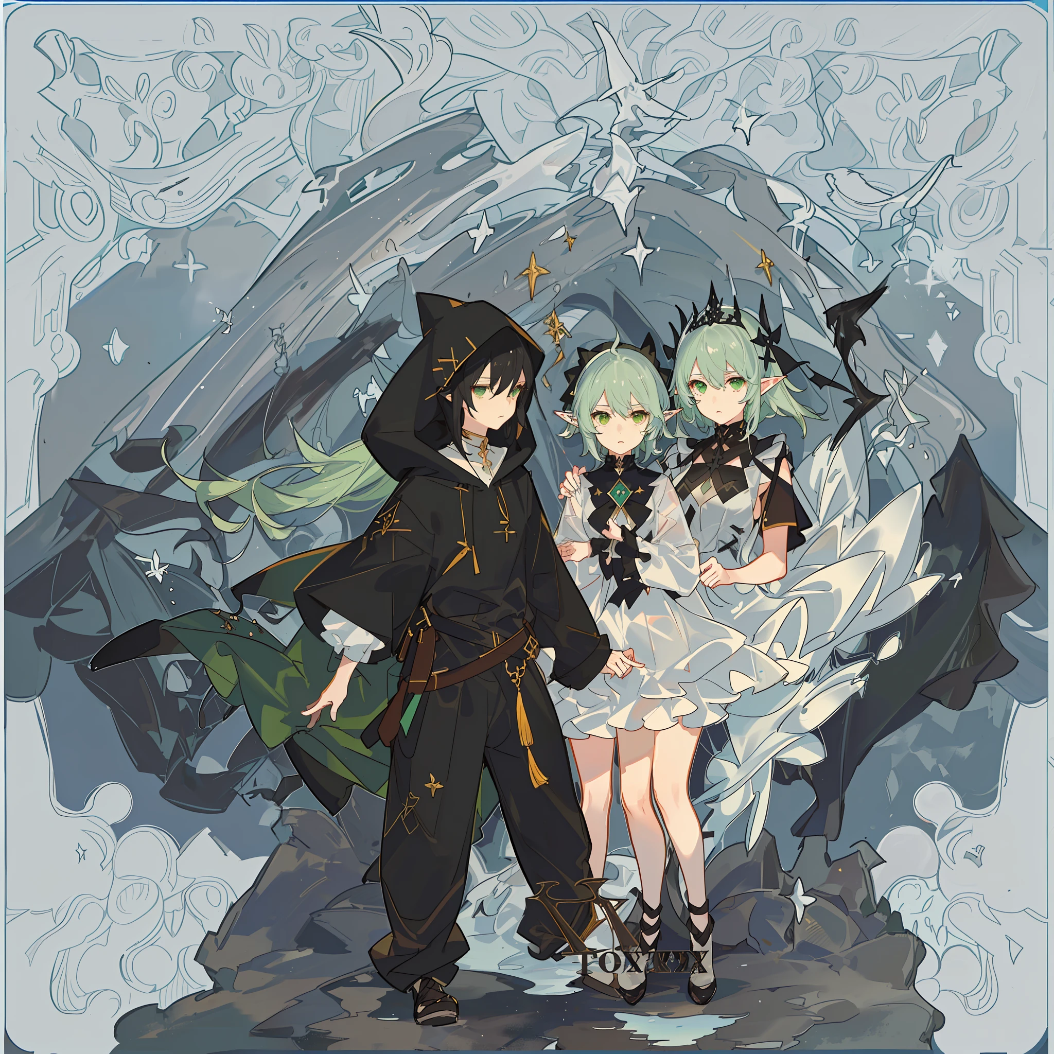 Anime Girl, Elf, Anime Elf, Dark Green, Water, Ocean, (Abyss), Hood, Black Wire-rimmed Hood, Jumpsuit, Various Poses, Battle Costume, Genshin, Front View, Front View, Black Box, (Black Box in Hand), Relaxed Expression, Sexy, Beauty