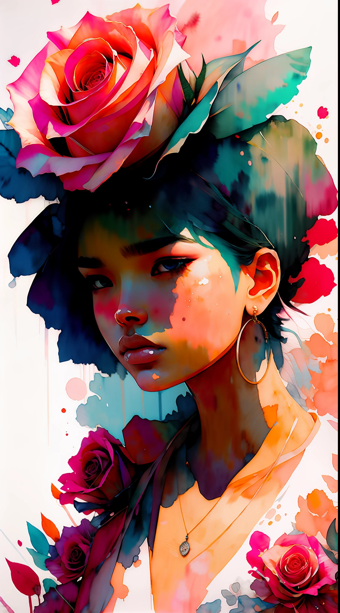 wtrcolor style, (rose) digital art, official art, blown by the wind, masterpiece, beautiful, ((watercolor)), paint splatter, intricate detail. Great detail, [dripping:0.7], Trending on Artstation, Rachel Walker