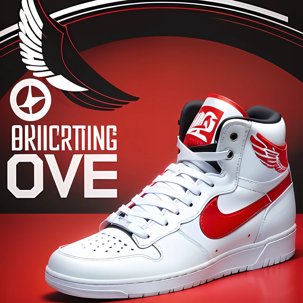 Create an advertising poster with the message buy now, the poster is for a high top sneaker, White black and red, wings on the back of the sneaker, symbol in check format as logo, ultra realistic, 50k, maximum quality, basketball court background.