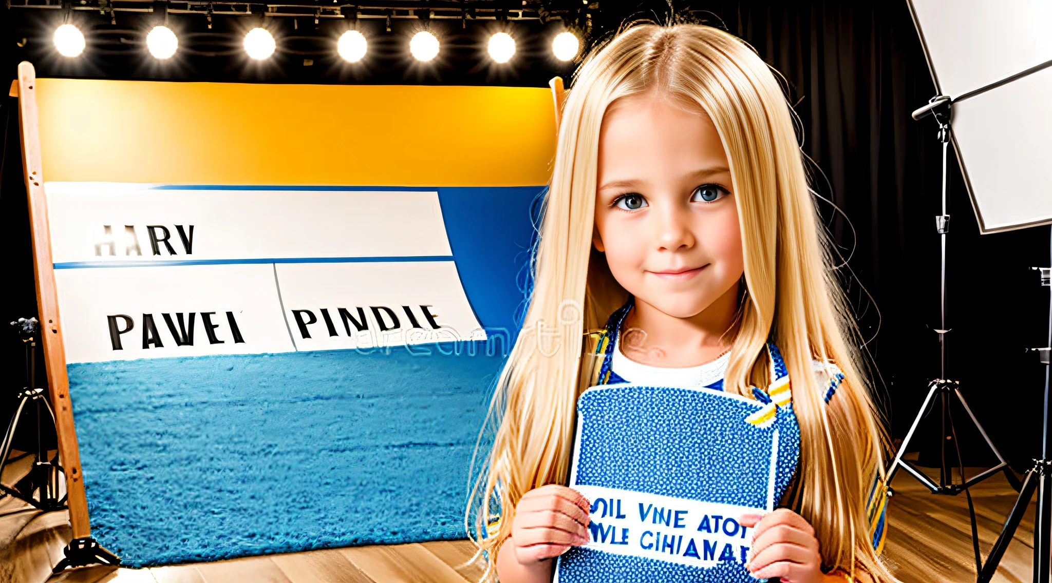 GIRL BLONDE CHILD STRAIGHT AND LONG HAIR, holding a clapping board with a movie script on it, stock image, girl in studio, film production, movie studio, movie star, studio shooting, movie clip, subject action: holding sign, subject action: holding sign, holding sign, toy commercial photo, movie set", music video, movie scene, filming, modeling studio, studio photography, backstage photography