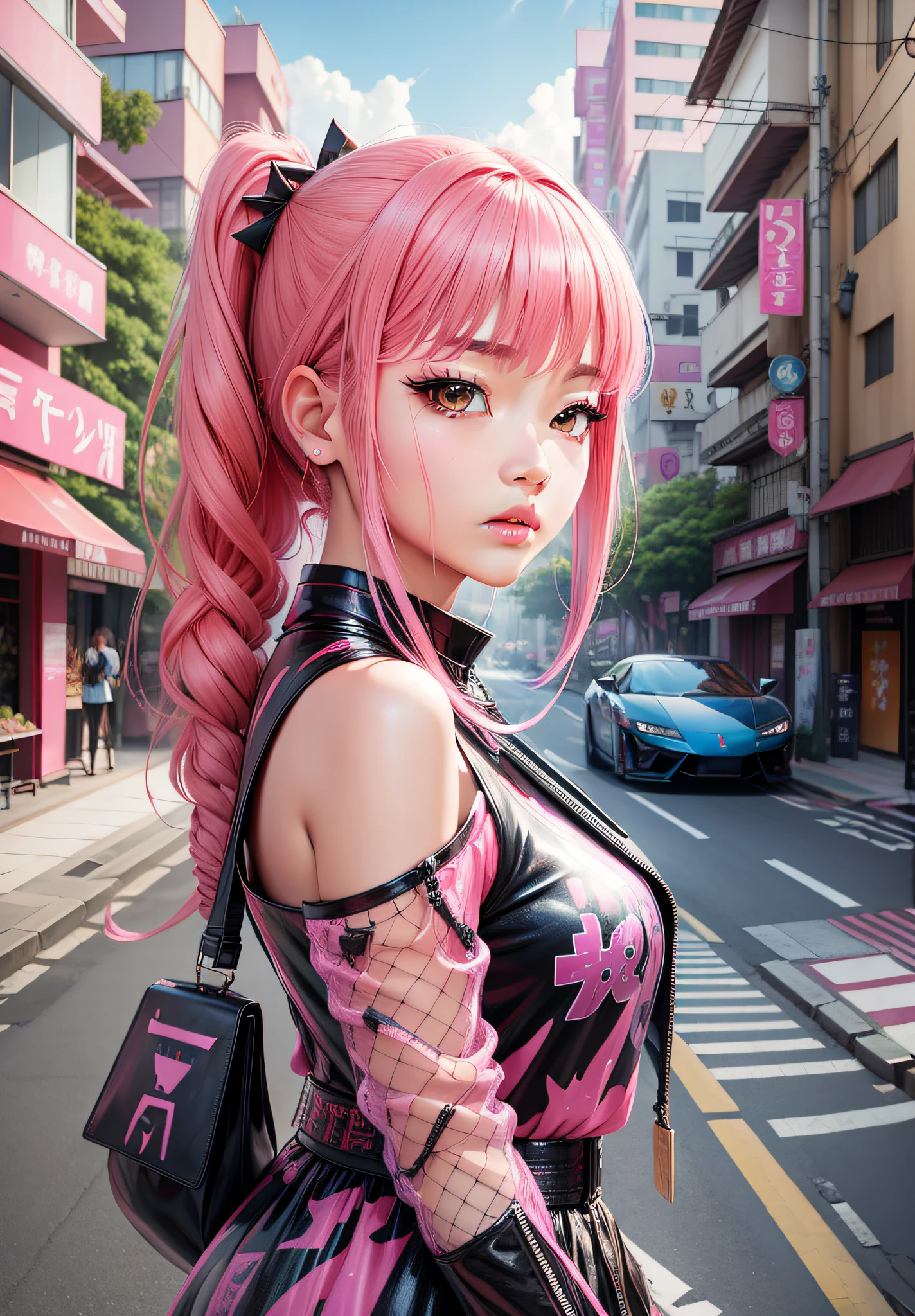 blackpink smooth manoban with katana and pink hair,lamborghini in the background of a japanese city,