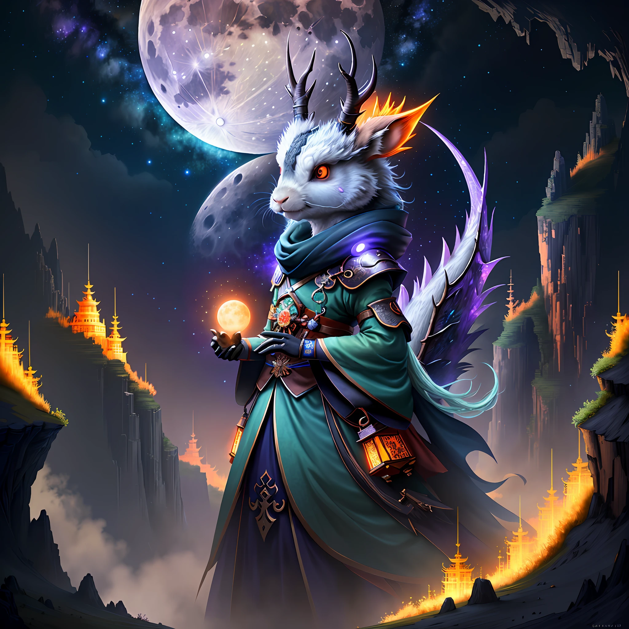 Vast landscape photos, (looking at the sky and the wilderness below), "A rabbit, magical, anthropomorphic, girl, angry expression, glowing eyes, Wanruo mask, Hanfu, background of ancient Chinese streets, night." Genshin Impact Impact, Best Quality, High Detail, High Quality, Ultra High Resolution, OC Rendering, 8K" Standing in a Flower Field and Looking Up, (Full Moon: 1.2), (Meteor: 0.9), (Nebula: 1.3), Far Away Mountains, Tree Breaking Making Art, (Warm Source: 1.2), (Firefly: 1.2), Lights, Purple and Orange, Intricate Details, Volumetric Lighting BREAK (Masterpiece: 1.2), (Highest Quality), 4K, Ultra Detailed, (Dynamic configuration: 1.4), Highly detailed and colorful details (rainbow color: 1.2), (Sparkling lighting, atmospheric lighting), Dreamy, magical, (Solo: 1.2), (Ying Dragon God), (Through the clouds), (Top of the mountains), (Complex), (Super Detail), (Starry Sky Background), (Stout Limbs), (Moon Night), (Ultra Clear), (Best Quality),