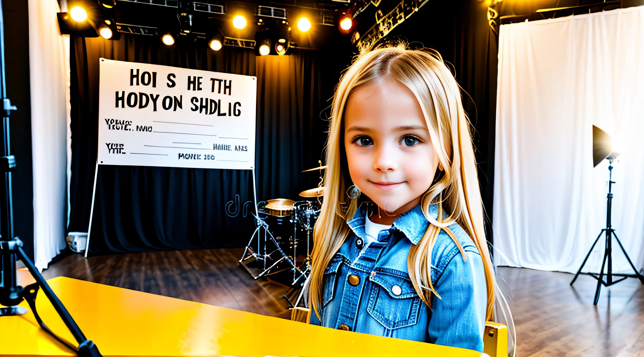 GIRL BLONDE CHILD STRAIGHT AND LONG HAIR, holding a clapping board with a movie script on it, stock image, girl in studio, film production, movie studio, movie star, studio shooting, movie clip, subject action: holding sign, subject action: holding sign, holding sign, toy commercial photo, movie set", music video, movie scene,  filming, modeling studio, studio photography, backstage photography