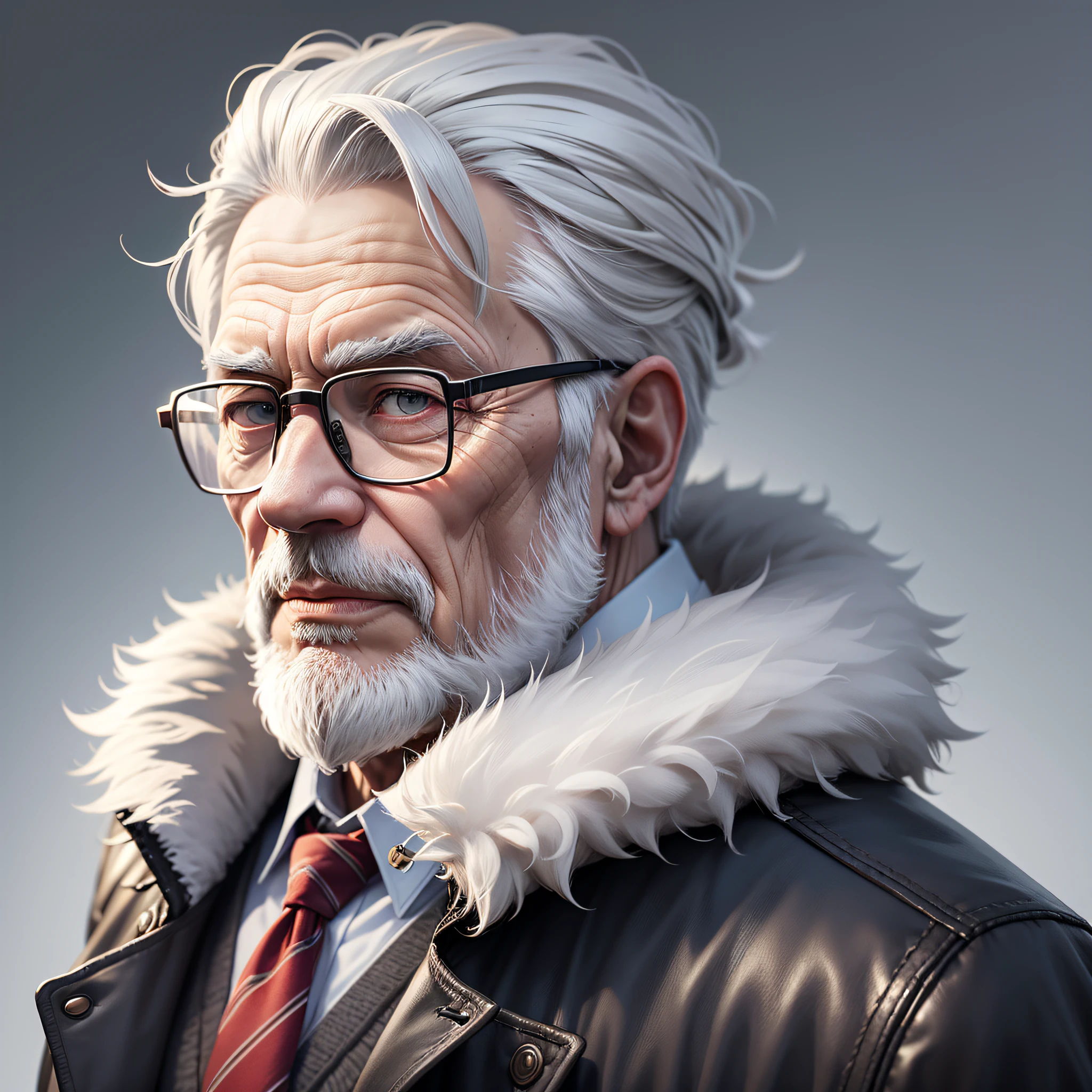 Old man with glasses with winter coat with ultra realistic 8k grey background