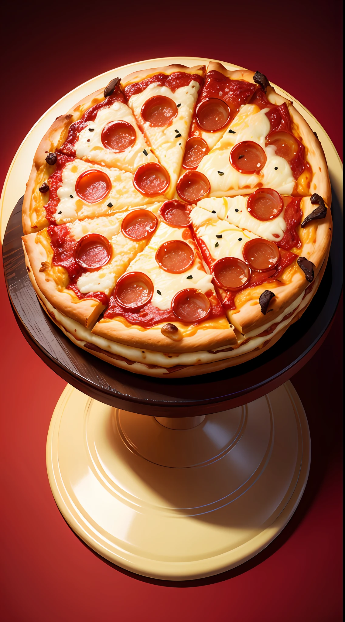 PIZZA WITH PEPPERONI AND CHEESE, RED BACKGROUND, HYPERREALISTIC, SIZE: 575X1024