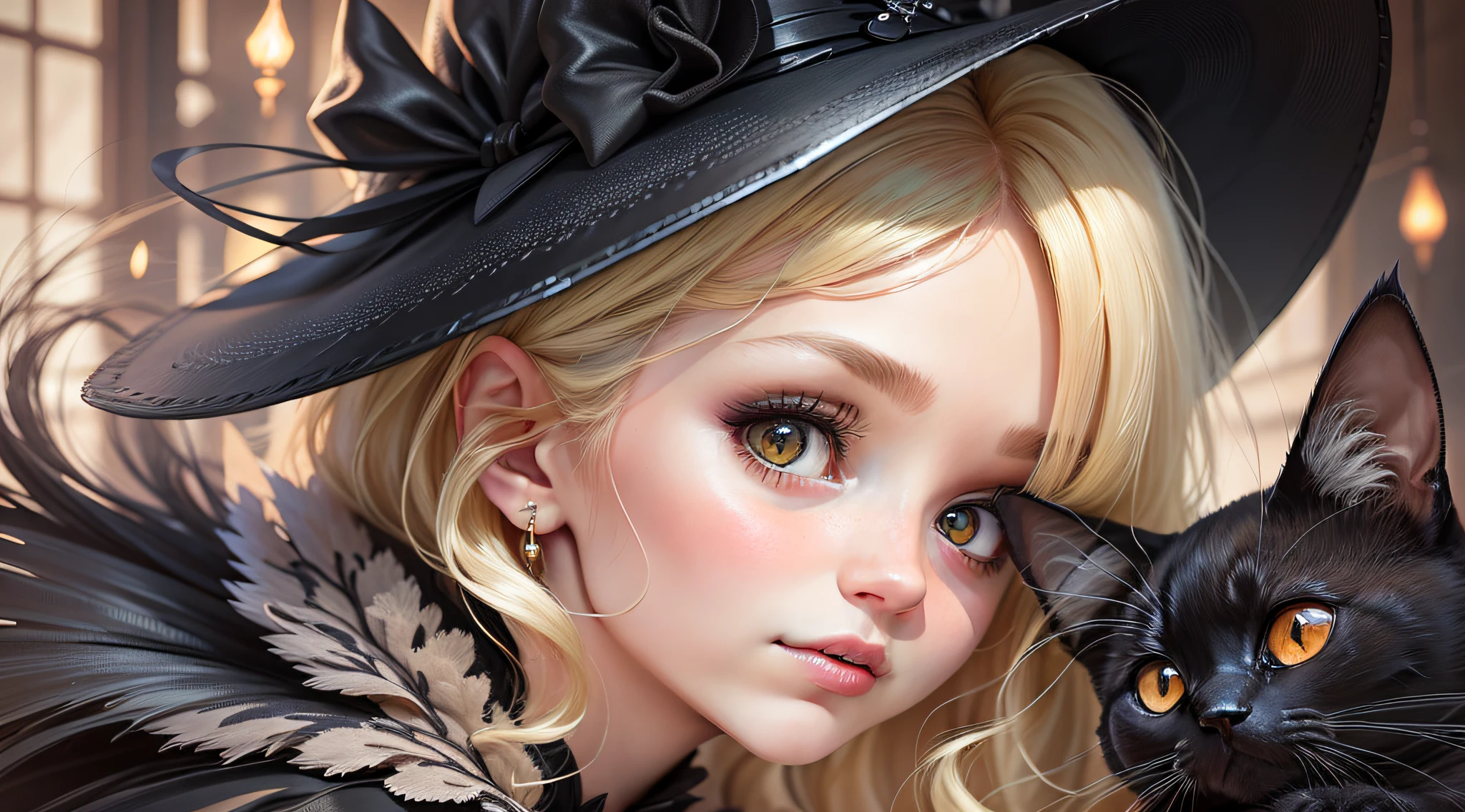 A detailed and charming description of a cute little witch in black with a delicate look, blonde hair and a black cat on the side. Its realistic 3D appearance is captivating, with soft and expressive strokes. The little witch wears a black dress adorned with magical details and holds a magic wand in her hand. Her blonde hair cascades down with a soft sheen, complementing her gentle and curious expression. Beside him, the shiny-furred black cat watches with mysterious, enigmatic eyes --auto --s2