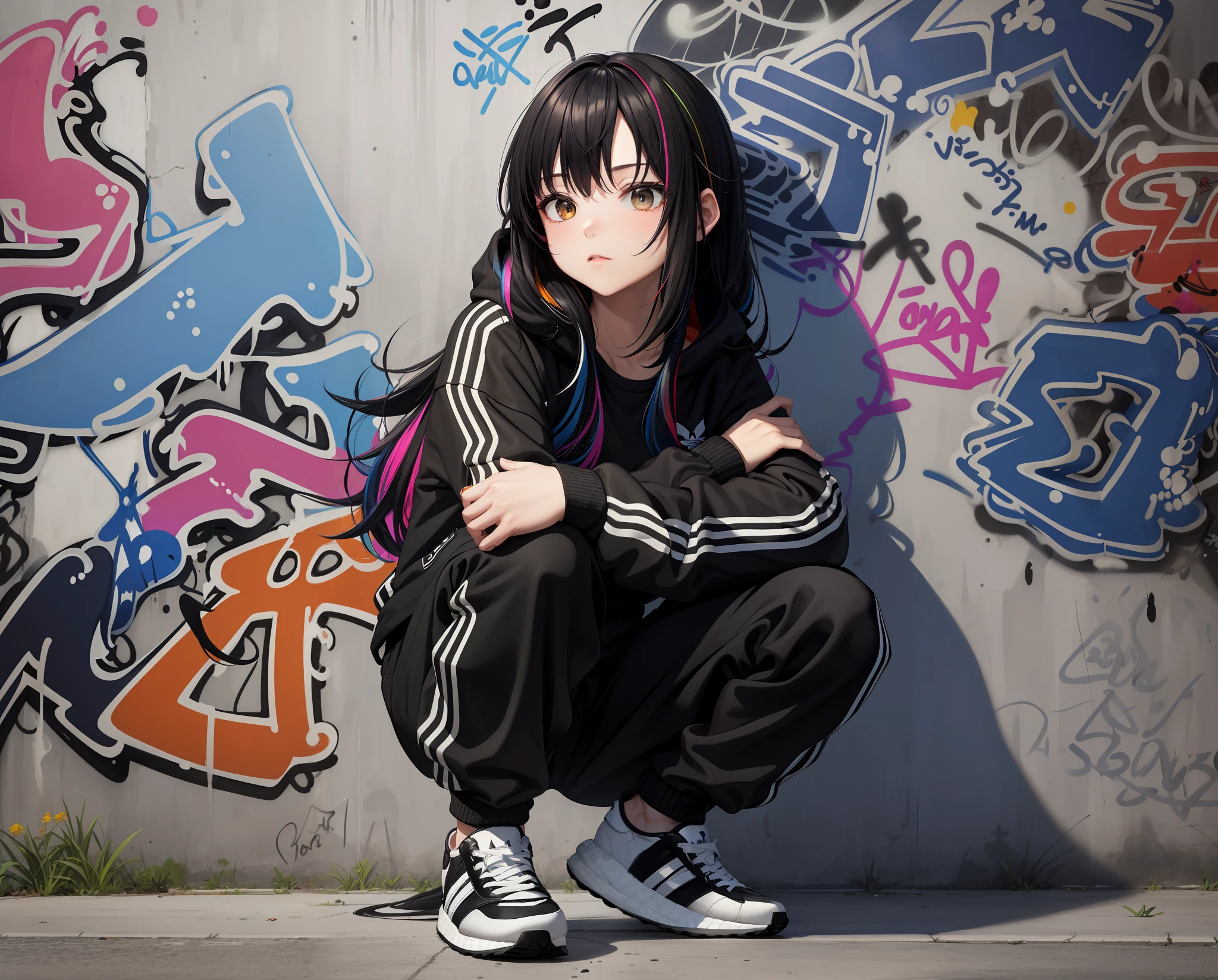 Masterpiece, best quality, 1girl, from below, upper body, cool, long hair, multicolored hair, (black adidas tracksuit:1.2), (squatting),leaning against wall, (graffiti:1.2),