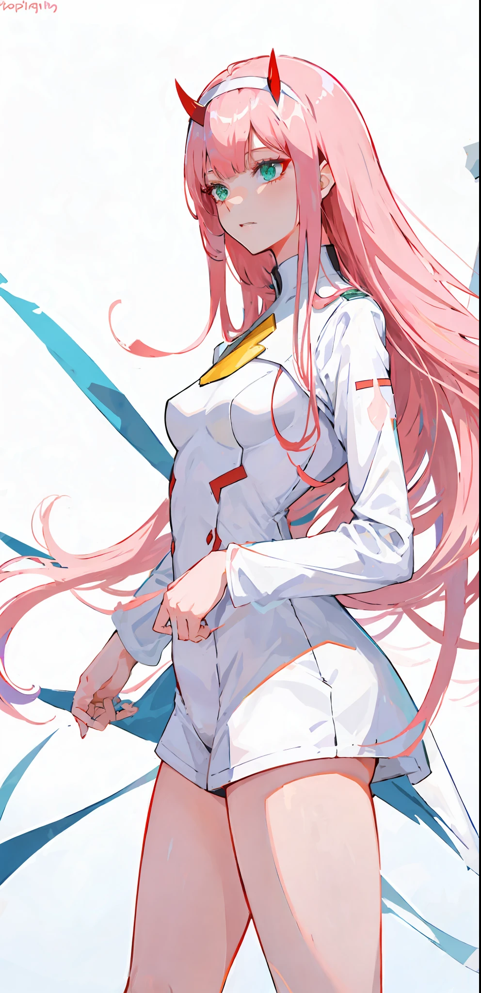 zero two \(darling in franxx\), darling in franxx, 1girl, bangs, bite, shadow, green eyes, horns, long hair, looking at the viewer, small breasts, big thighs, makeup, white bodysuit, pink hair, red eyeshadow, tight skin, solo