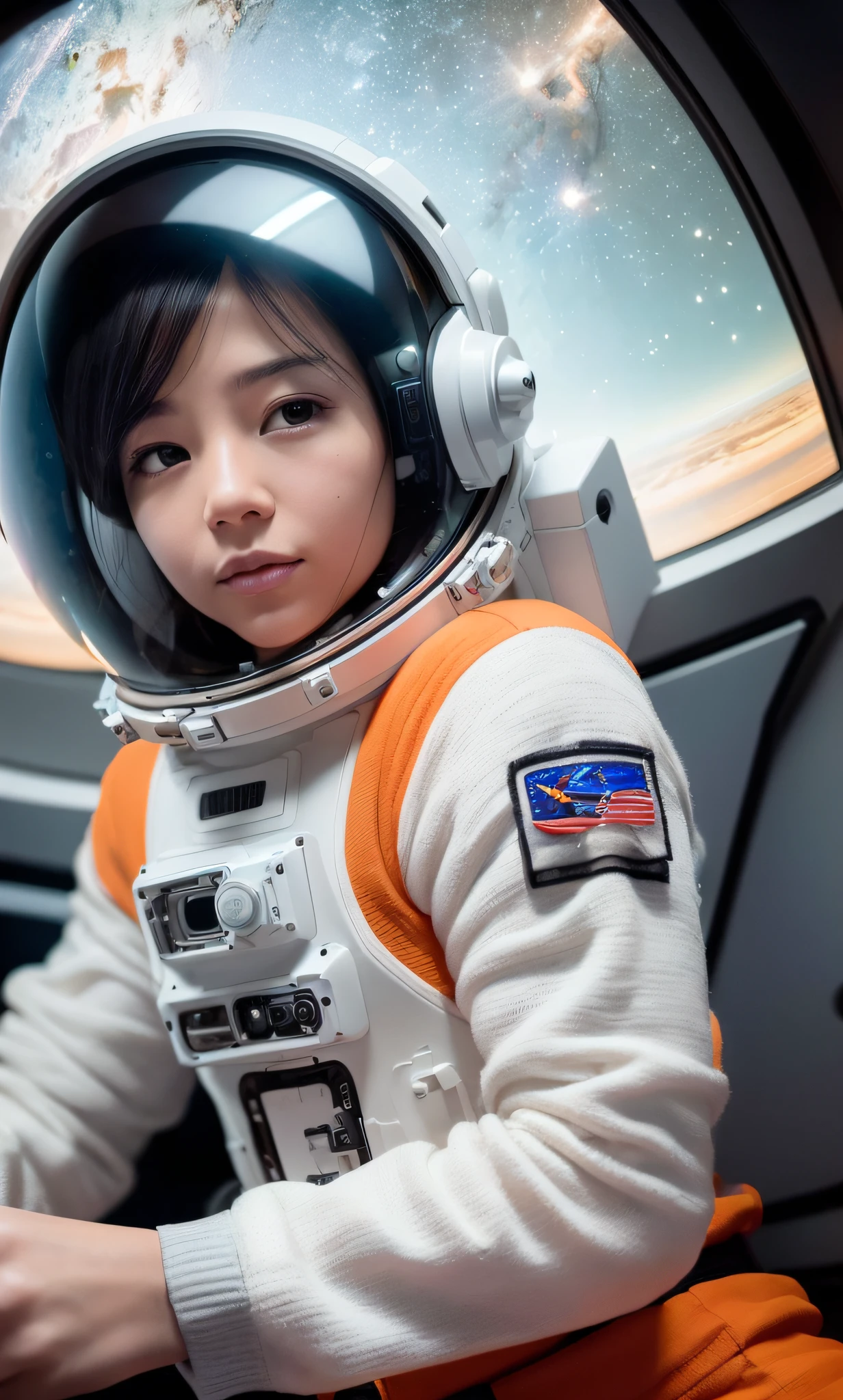 intricately detailed cinematic film, by (female astronaut, dressed in a tight orange and white spacesuit, no helmet), (inside the International Space Station), (looking out the window at planet Earth), toned body, cute and perfect face, attractive eyes, (observation module, black wide-angle lens temperature 5560 K color nikon D7000 ), (nasa: 0.7), tranquility, (very detailed,  hyperdetailed), daylighting, solid-state led lighting, deep field of view, 8mm lens, f/2.8 aperture, ISO 450, sharp focus, gravity