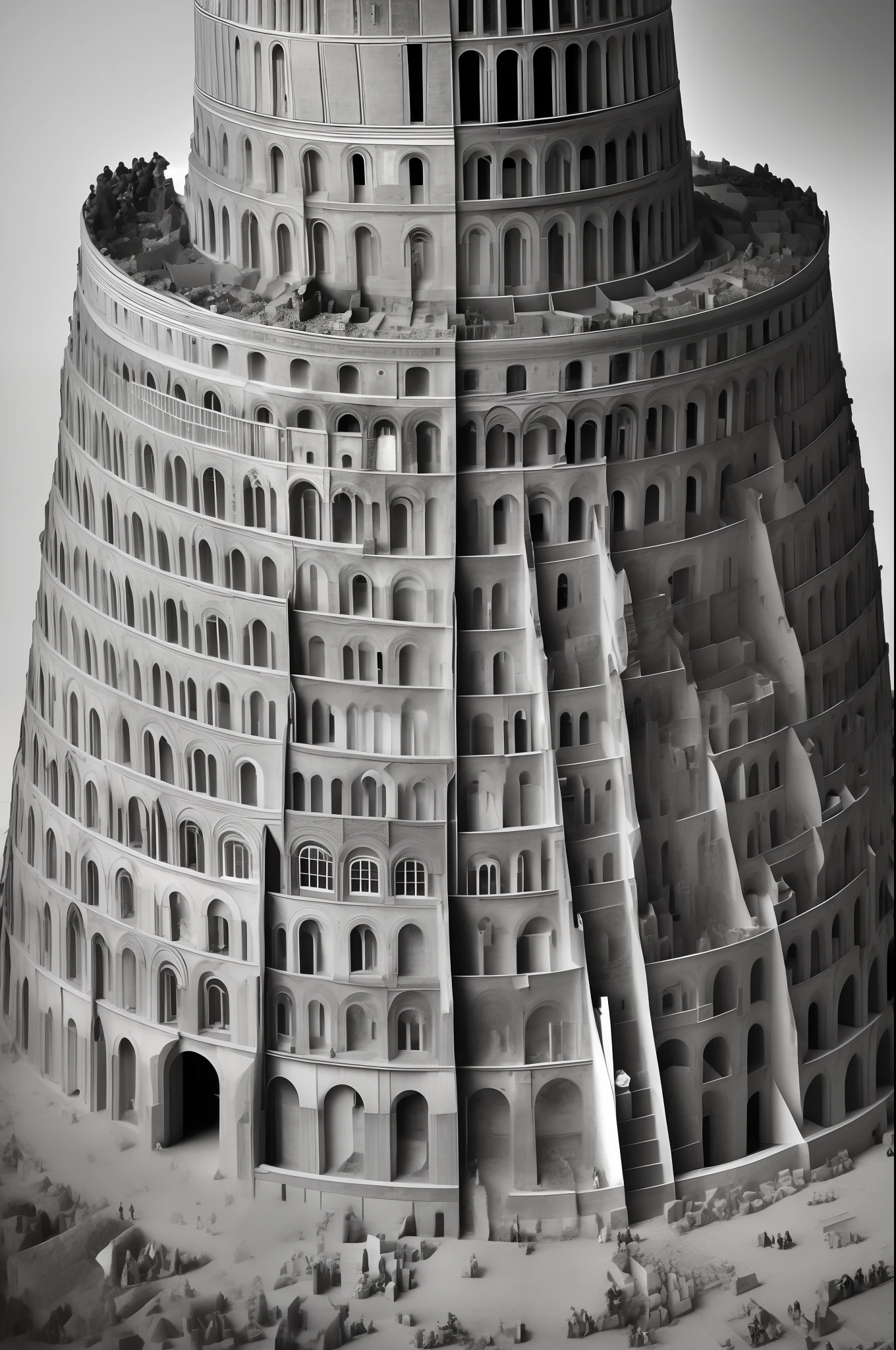 Black and white image of the diversity of people around the tower of babel
