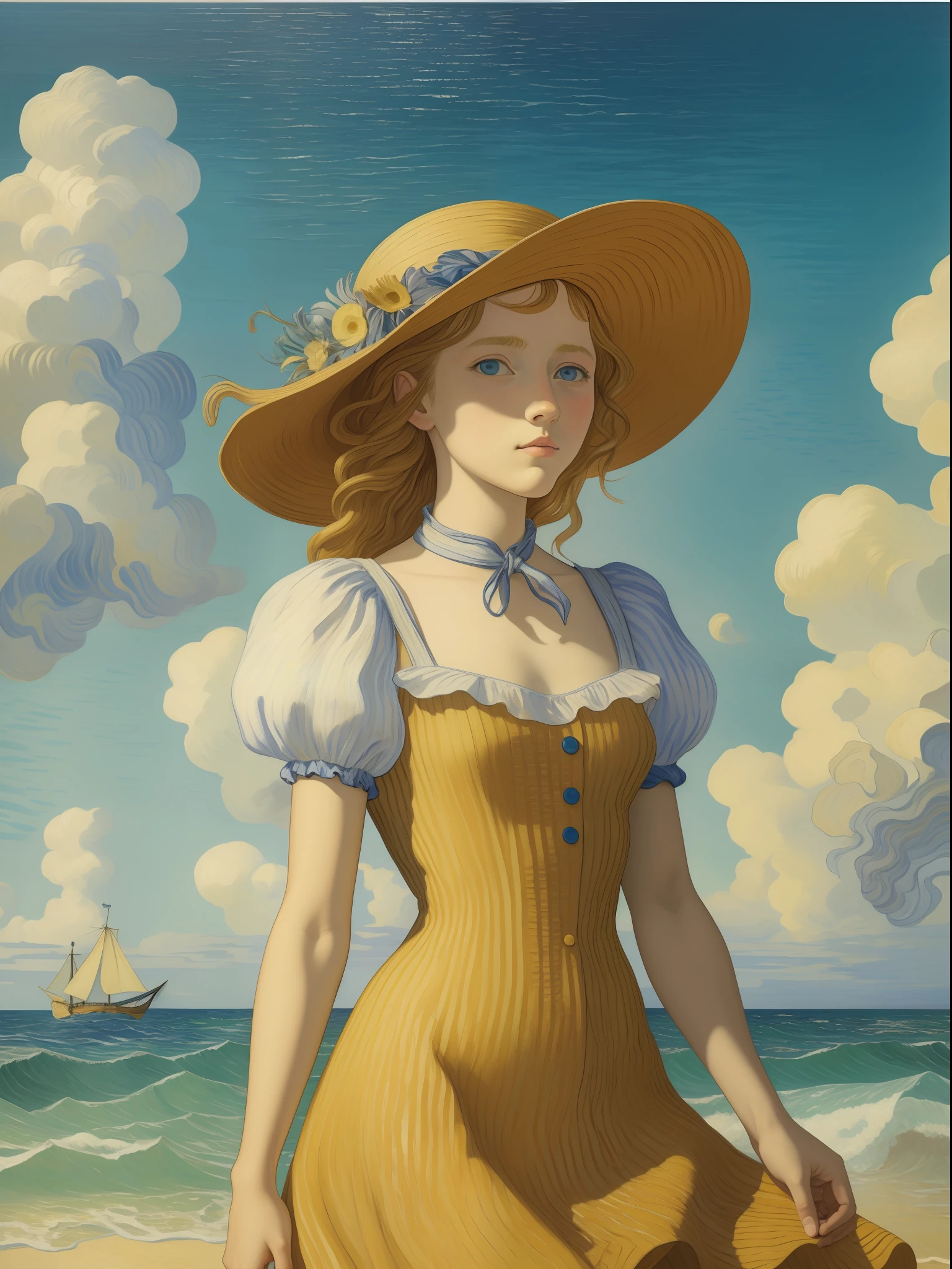 A girl by the sea, by van Gogh and Salvador Dali, oil on canvas, abstraction, surrealism, neoclassicism, renaissance, hyper realistic, ultra detailed, cell shaded, 8k.