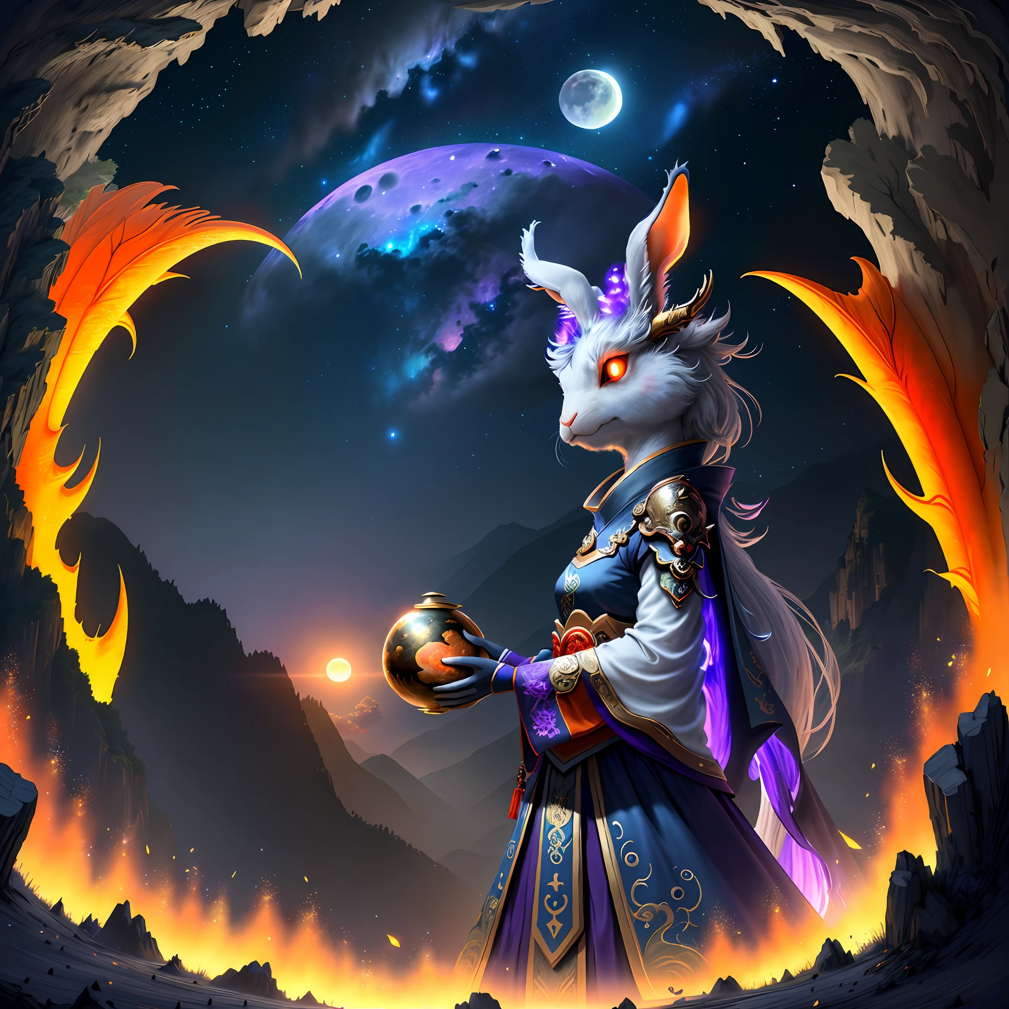 Vast landscape photos, (looking at the sky and the wilderness below), "A rabbit, magical, anthropomorphic, girl, angry expression, glowing eyes, Wanruo mask, Hanfu, background of ancient Chinese streets, night." Genshin Impact Impact, Best Quality, High Detail, High Quality, Ultra High Resolution, OC Rendering, 8K" Standing in a Flower Field and Looking Up, (Full Moon: 1.2), (Meteor: 0.9), (Nebula: 1.3), Far Away Mountains, Tree Breaking Making Art, (Warm Source: 1.2), (Firefly: 1.2), Lights, Purple and Orange, Intricate Details, Volumetric Lighting BREAK (Masterpiece: 1.2), (Highest Quality), 4K, Ultra Detailed, (Dynamic configuration: 1.4), Highly detailed and colorful details (rainbow color: 1.2), (Sparkling lighting, atmospheric lighting), Dreamy, magical, (Solo: 1.2), (Ying Dragon God), (Through the clouds), (Top of the mountains), (Complex), (Super Detail), (Starry Sky Background), (Stout Limbs), (Moon Night), (Ultra Clear), (Best Quality),
