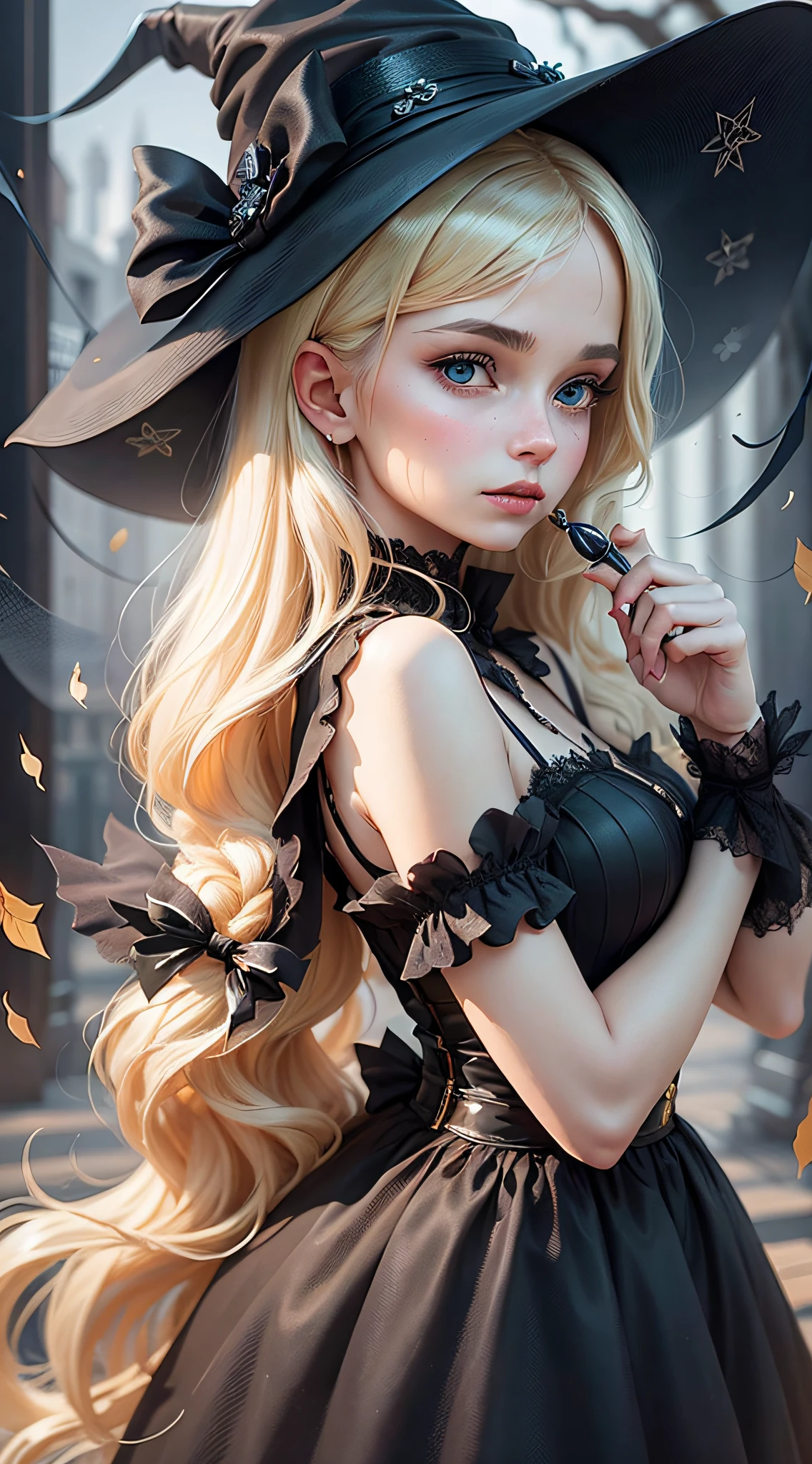 A detailed and charming description of a cute little witch in black with a delicate look, blonde hair and a black cat on the side. Its realistic 3D appearance is captivating, with soft and expressive strokes. The little witch wears a black dress adorned with magical details and holds a magic wand in her hand. Her blonde hair cascades down with a soft sheen, complementing her gentle and curious expression. Beside him, the shiny-furred black cat watches with mysterious, enigmatic eyes --auto --s2