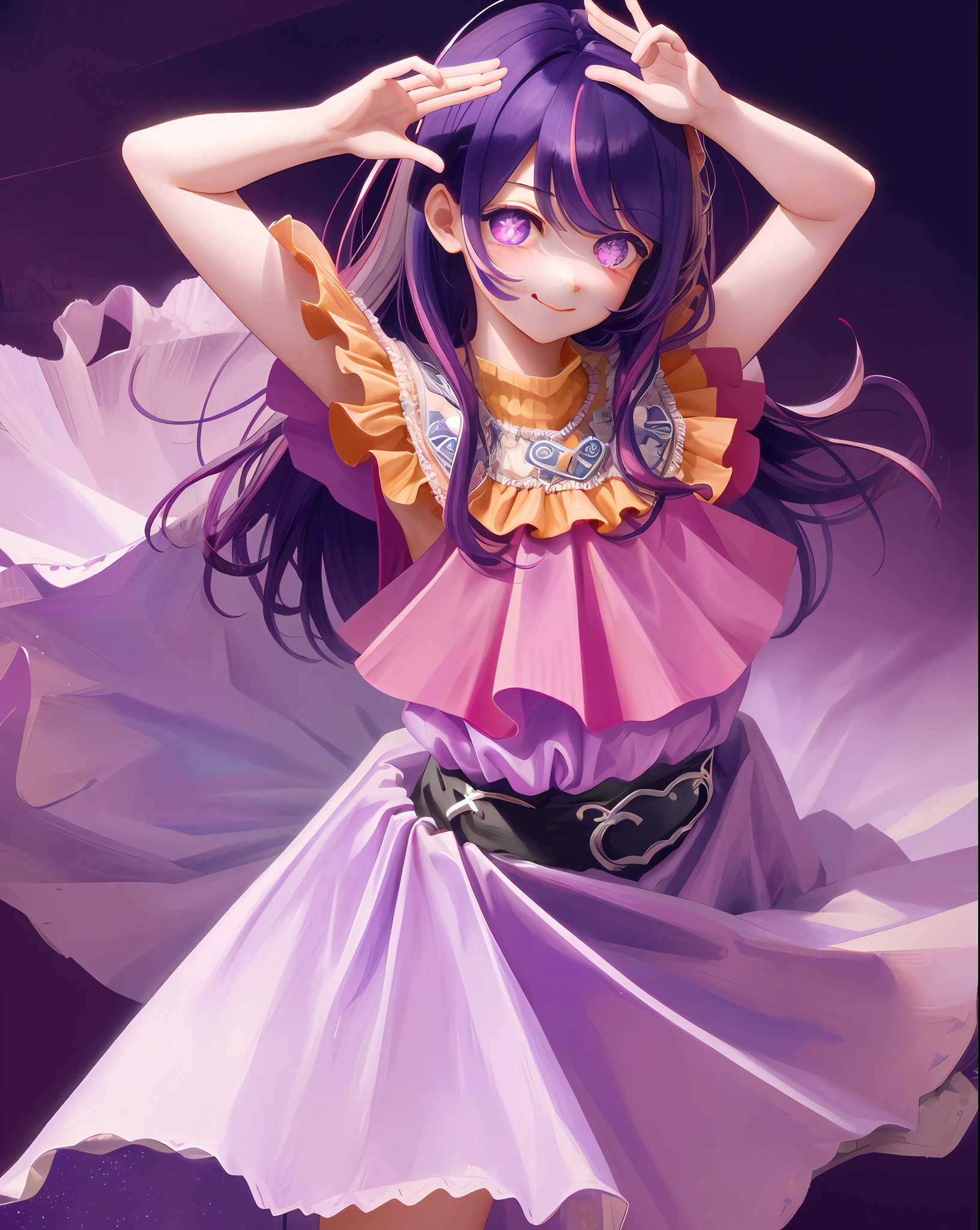 1girl, full body, cowboy shot,
(Rembrandt), illustration, (masterpiece), (best quality), (ultra_detailed), finely detail, (Depth of field),
HshinoAi,gloves, tongue out, tongue, long hair, star \(symbol\), looking at viewer, (purple hair:1.2), purple eyes, upper body, hair ornament, :p, frills, pink shirt, smile, sleeveless, shirt, idol, symbol-shaped pupils, hands up, bangs, one side up, star-shaped pupils, arms up,
dress pull,
Roaring Twenties, isometric, from above, sky, flower, cliff,