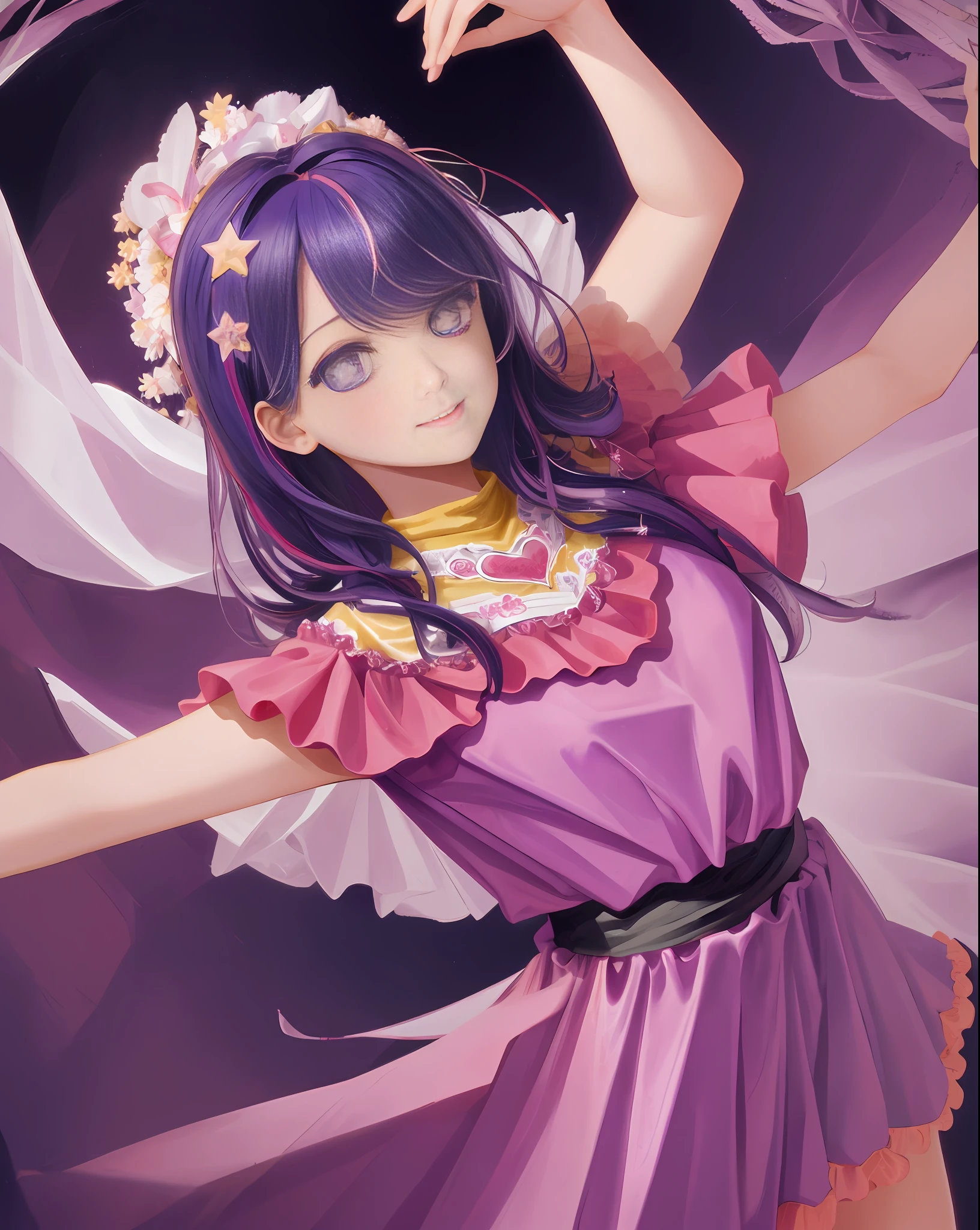 1girl, full body, cowboy shot,
(Rembrandt), illustration, (masterpiece), (best quality), (ultra_detailed), finely detail, (Depth of field),
HshinoAi,gloves, tongue out, tongue, long hair, star \(symbol\), looking at viewer, (purple hair:1.2), purple eyes, upper body, hair ornament, :p, frills, pink shirt, smile, sleeveless, shirt, idol, symbol-shaped pupils, hands up, bangs, one side up, star-shaped pupils, arms up,
dress pull,
Roaring Twenties, isometric, from above, sky, flower, cliff,