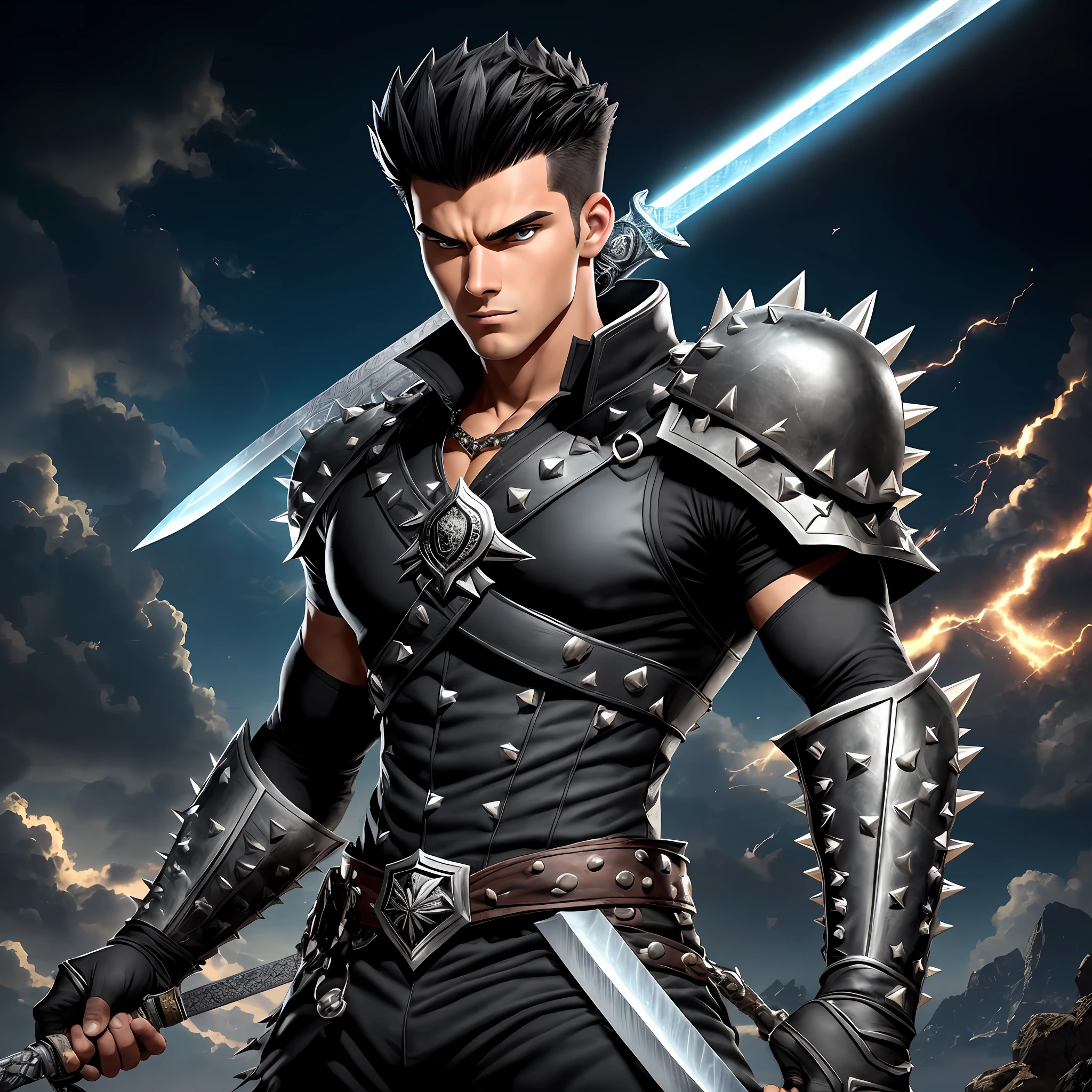 Thumbnail,Original and unique authentic character,An athletic-looking young man with spiky black hair.
He has intense, expressive eyes that shine with determination.
He wears practical and functional clothing, with a unique costume that identifies him as the Bearer of Eternity. He carries a special sword with him, he is 20 years old --auto --s2