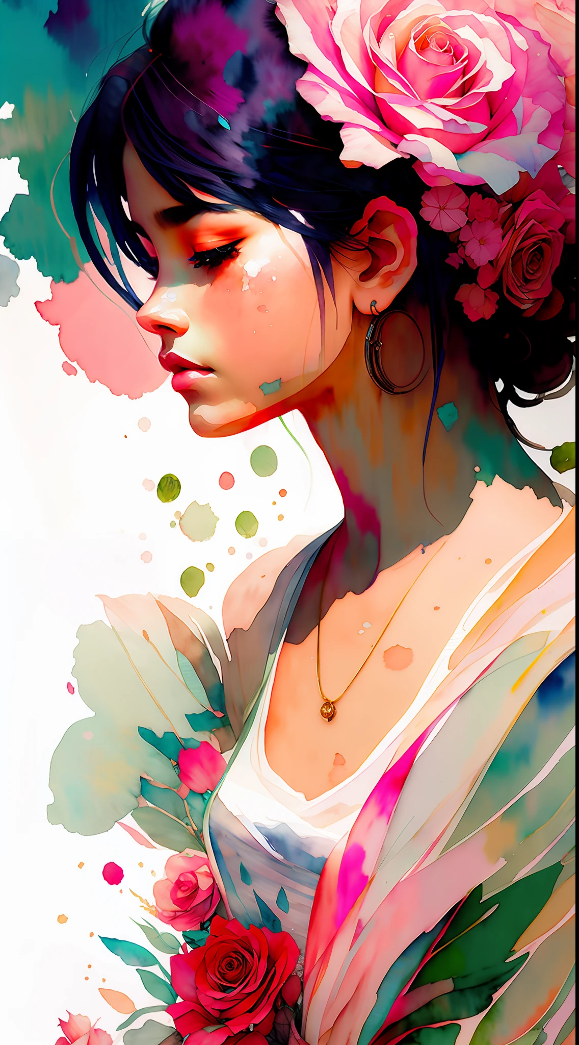 wtrcolor style, (rose) digital art, official art, blown by the wind, masterpiece, beautiful, ((watercolor)), paint splatter, intricate detail. Great detail, [dripping:0.7], Trending on Artstation, Rachel Walker