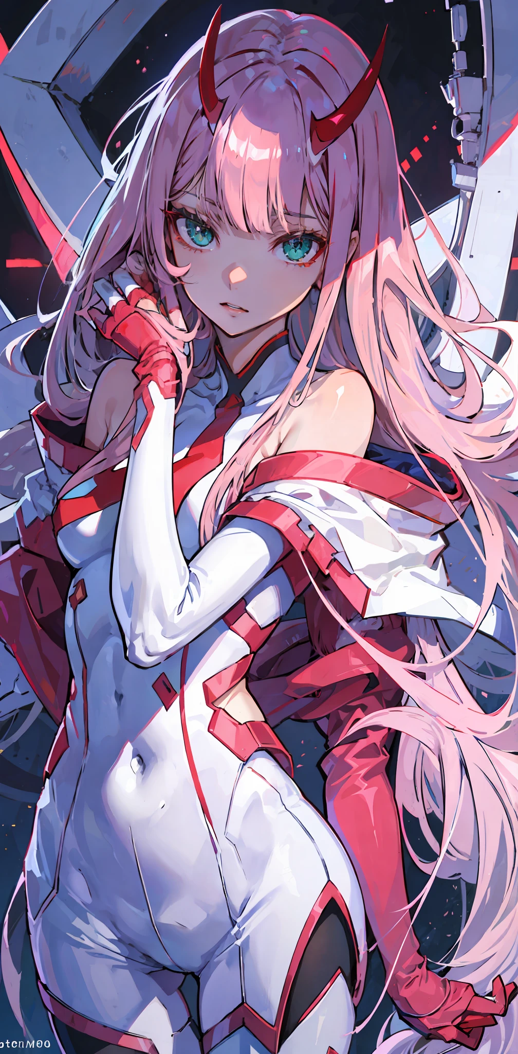 zero two \(darling in franxx\), darling in franxx, 1girl, bangs, bite, shadow, green eyes, horns, long hair, looking at the viewer, small breasts, big thighs, makeup, white bodysuit, pink hair, red eyeshadow, tight skin, solo