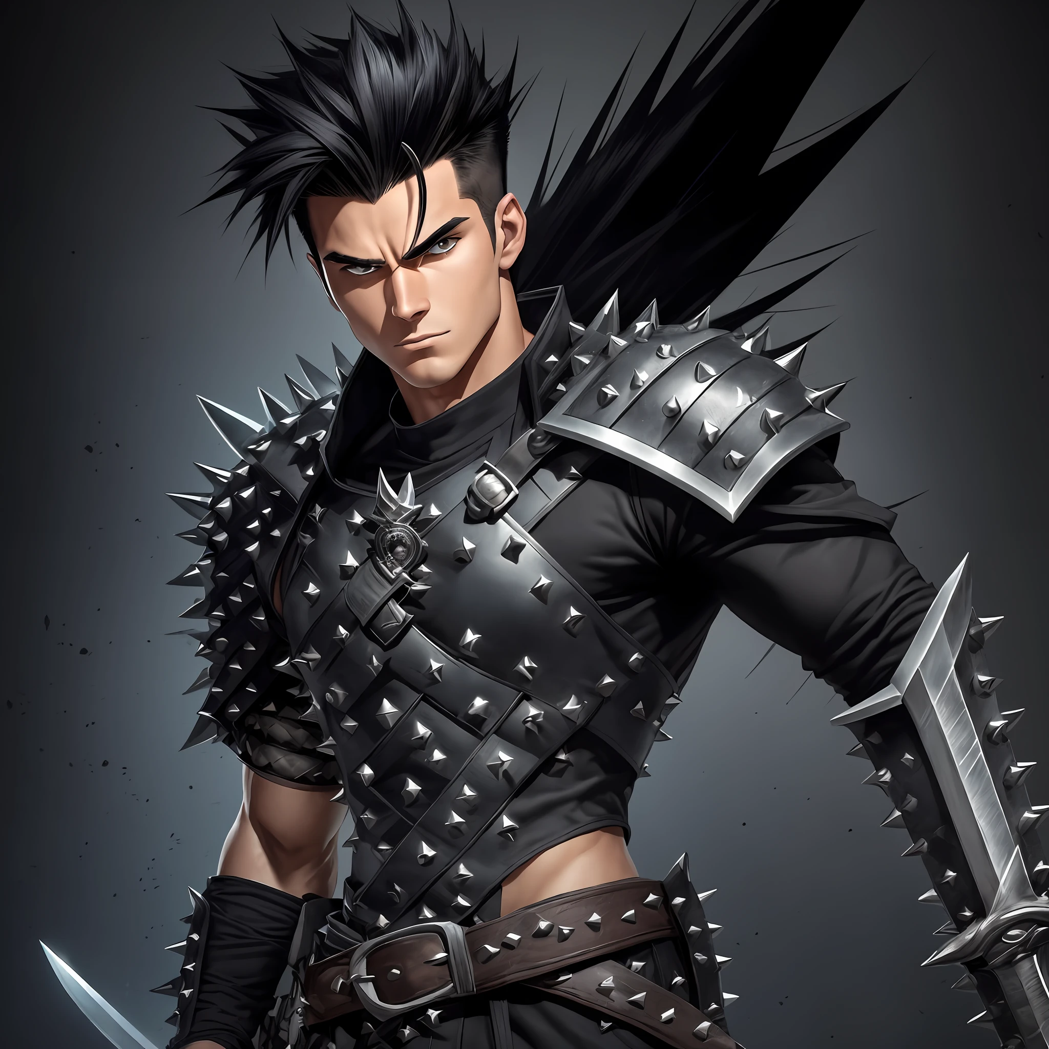 Thumbnail,Original and unique authentic character,An athletic-looking young man with spiky black hair.
He has intense, expressive eyes that shine with determination.
He wears practical and functional clothing, with a unique costume that identifies him as the Bearer of Eternity. He carries a special sword with him, he is 20 years old --auto --s2