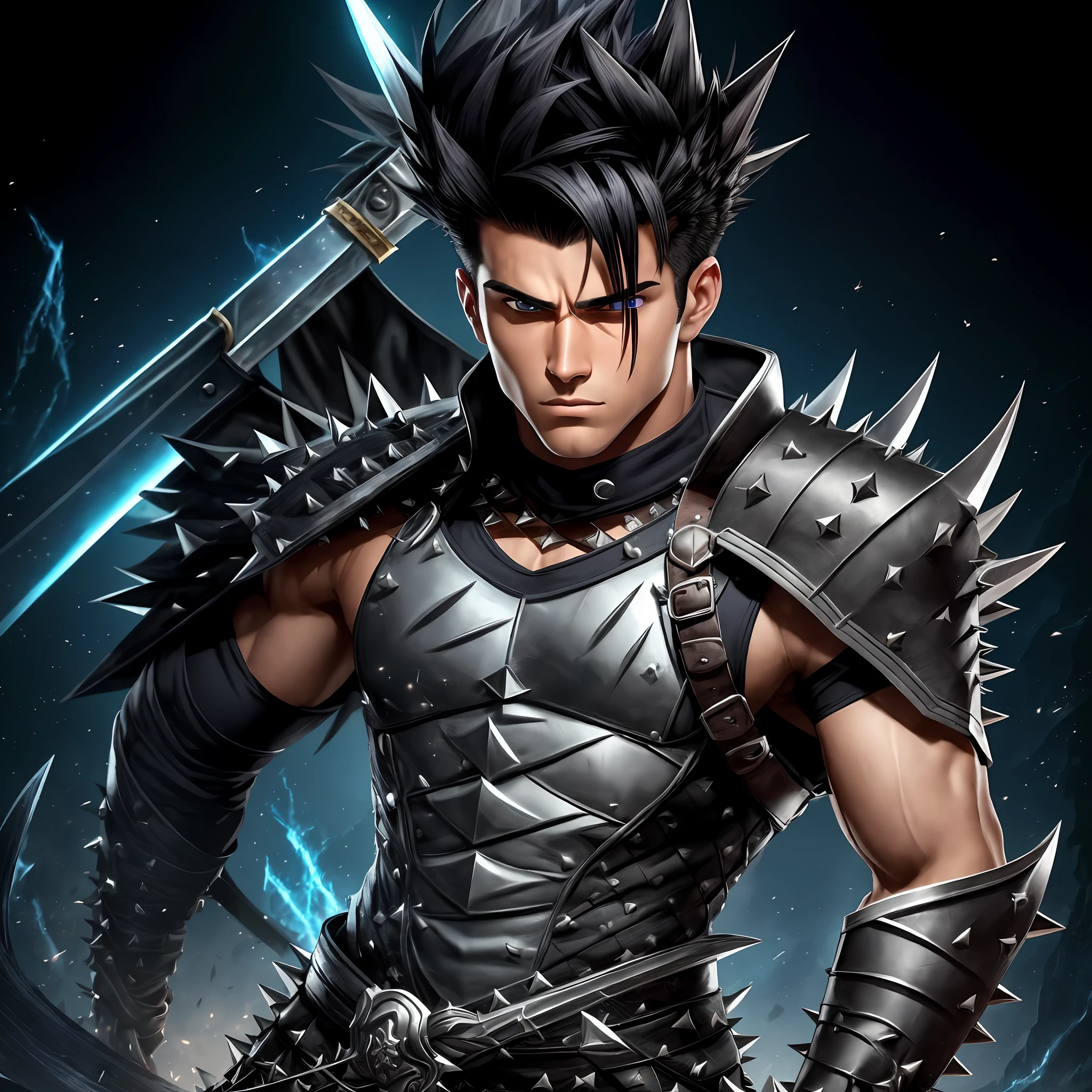 Thumbnail,Original and unique authentic character,An athletic-looking young man with spiky black hair.
He has intense, expressive eyes that shine with determination.
He wears practical and functional clothing, with a unique costume that identifies him as the Bearer of Eternity. He carries a special sword with him, he is 20 years old --auto --s2