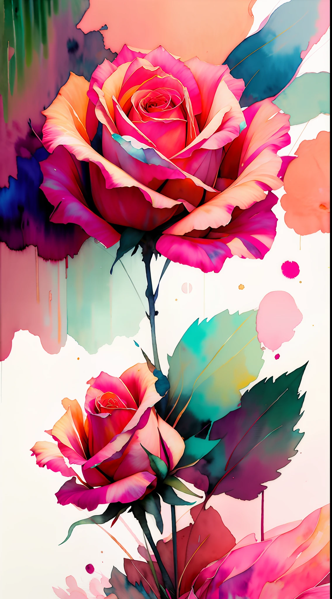 wtrcolor style, (rose) digital art, official art, blown by the wind, masterpiece, beautiful, ((watercolor)), paint splatter, intricate detail. Great detail, [dripping:0.7], Trending on Artstation, Rachel Walker