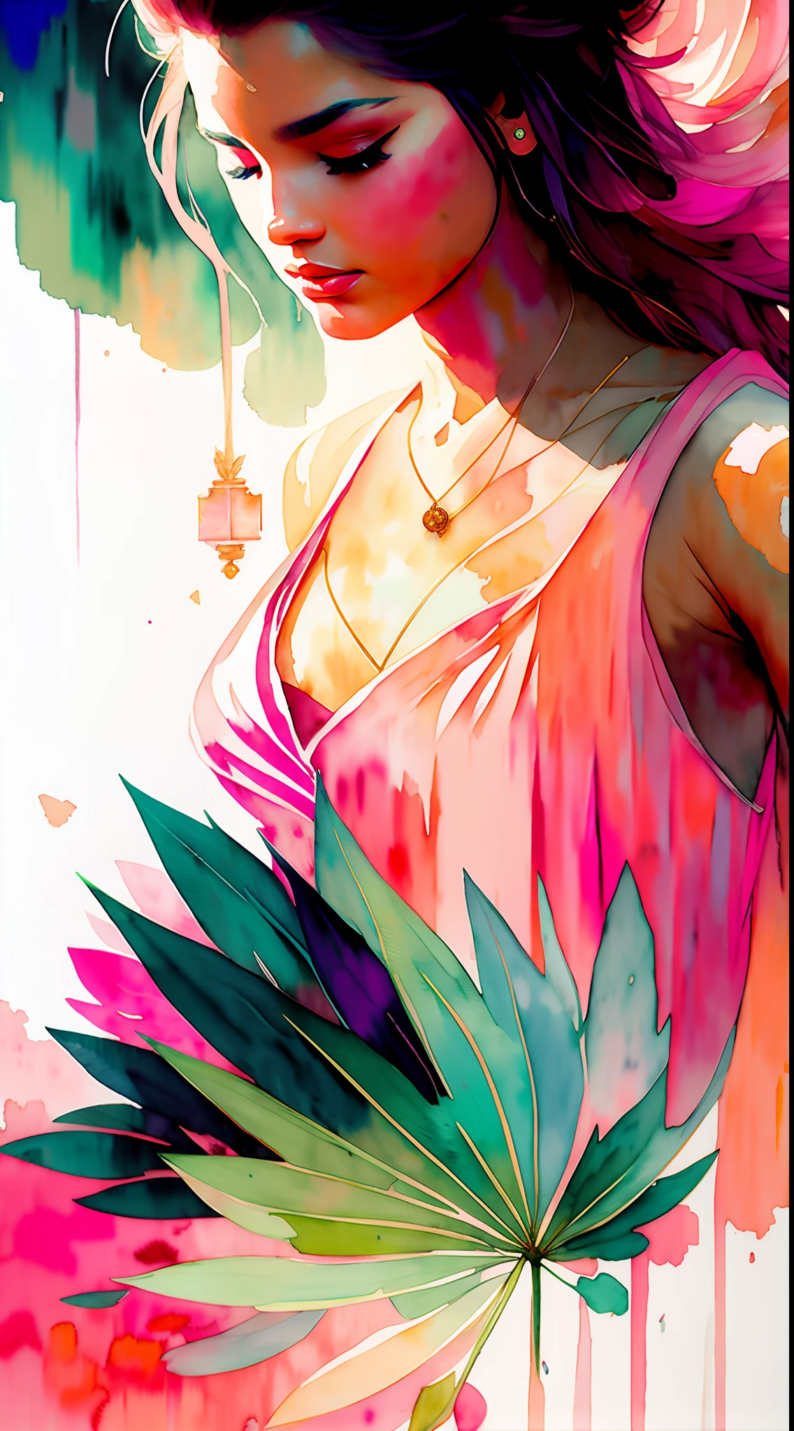 Wtrcolor style, (pink) digital art, formal art, gone with the wind, masterpiece, beautiful, ((watercolor)), paint splashes, intricate details. Excellent detail, [drop:0.7], Trending on Artstation, Rachel Walker,cannabis herbs
