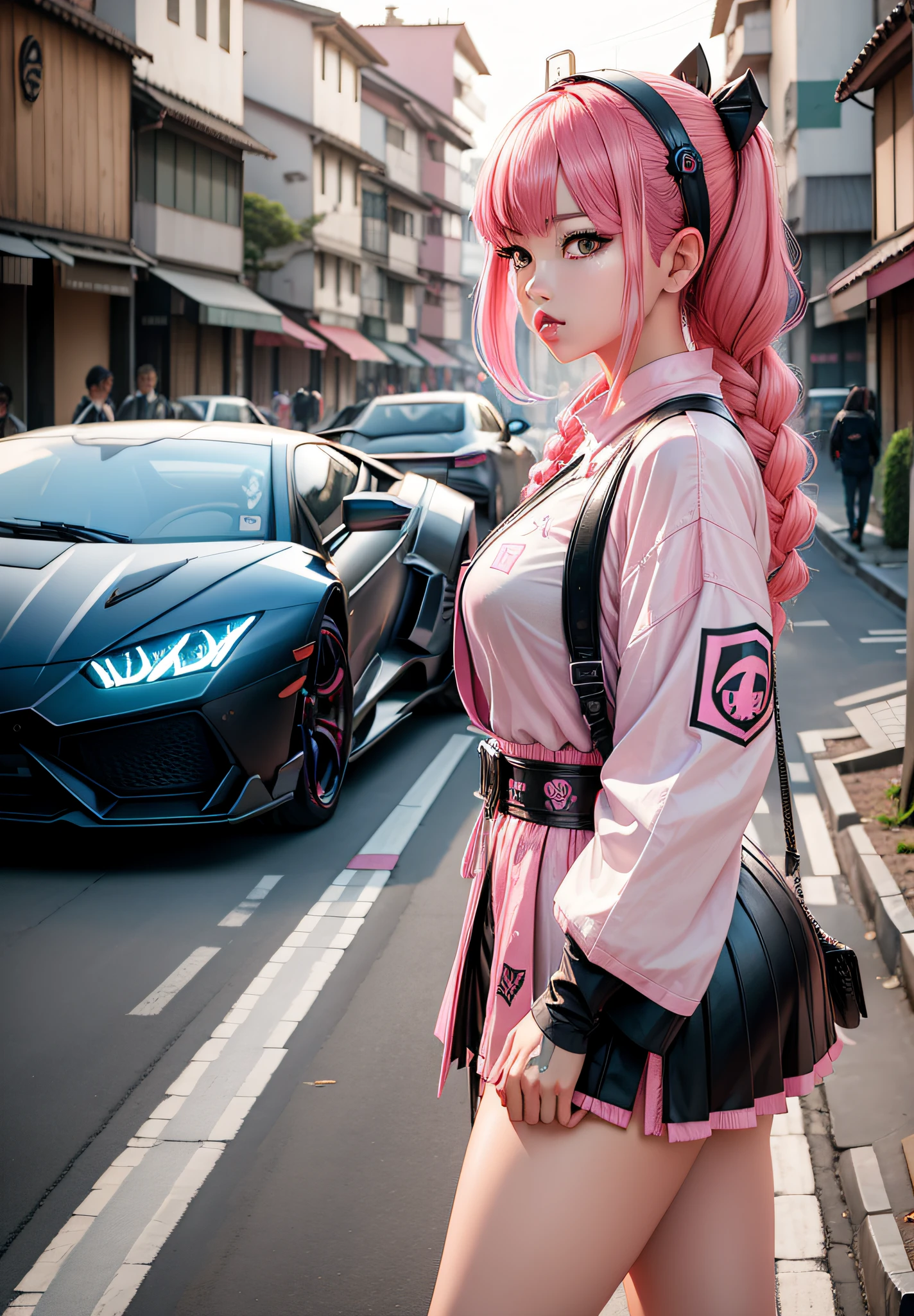 blackpink girl with katana and pink hair,lamborghini in the background of a japanese city,