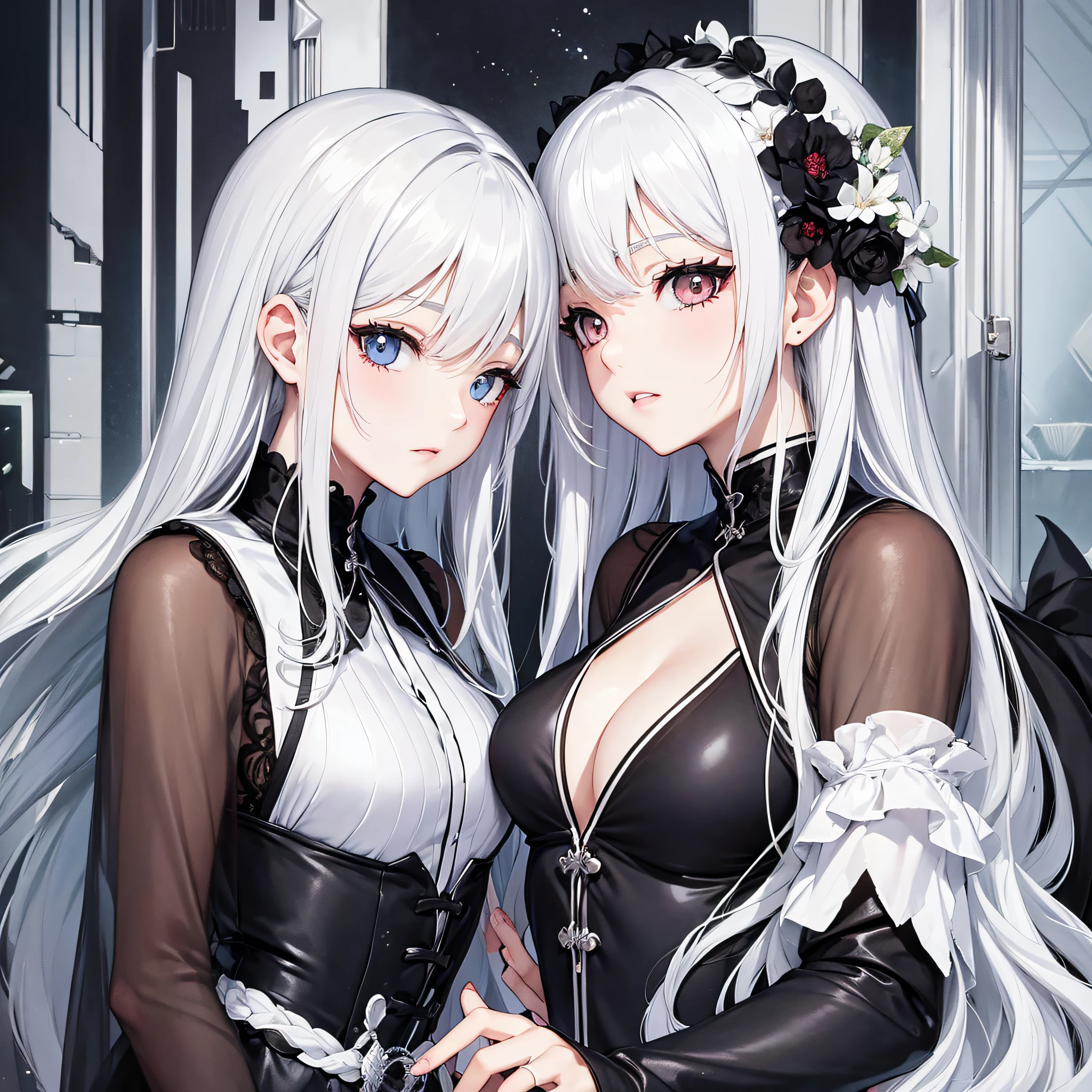 Anime, sisters and sisters, strangled black silk, white hair, --auto --s2
