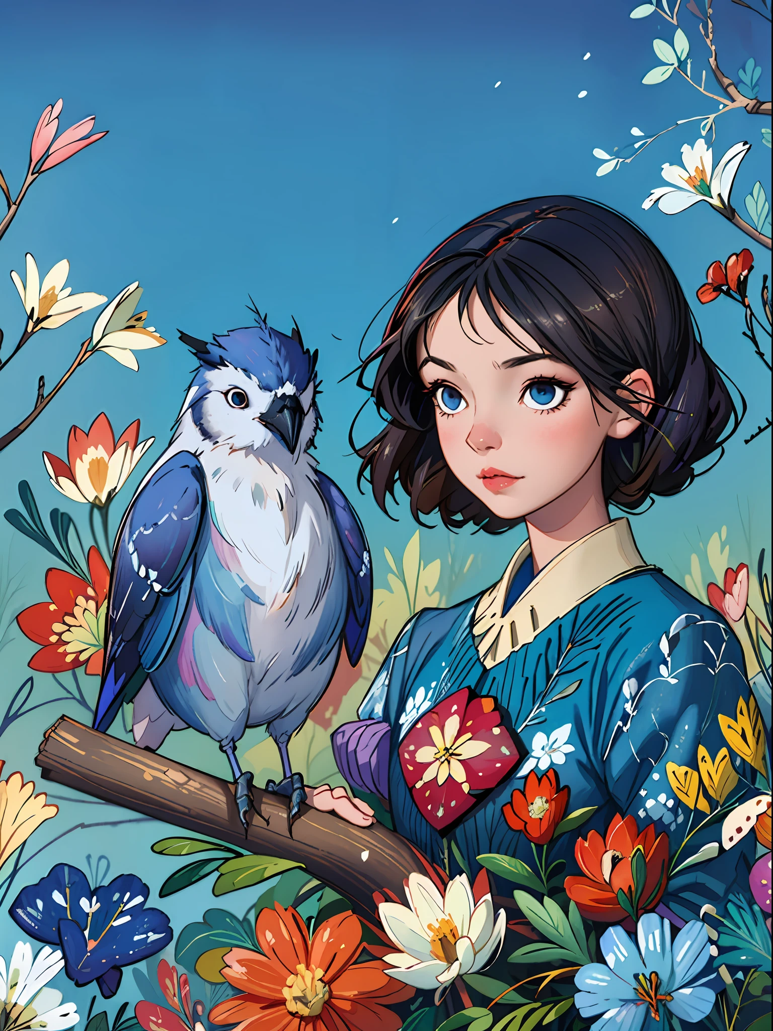 adorable blue jay in a tree covered in flowers, Greg Rutkowski, WLOP, Android Jones, Russ Mills, James Jean, Sui Ishida, Edwin Landseer, Eduardo Paolozzi, polychromatic, ultra_detailed, ultra_quality, CGSociety, intricately detailed, color depth, Perfect Composition, adorable blue jay in a tree covered in flowers