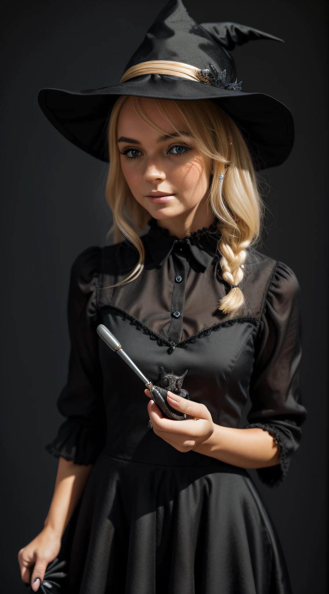 A detailed and charming description of a cute little witch in black with a delicate look, blonde hair and a black cat on the side. Its realistic 3D appearance is captivating, with soft and expressive strokes. The little witch wears a black dress adorned with magical details and holds a magic wand in her hand. Her blonde hair cascades down with a soft sheen, complementing her gentle and curious expression. Beside him, the shiny-furred black cat watches with mysterious, enigmatic eyes
