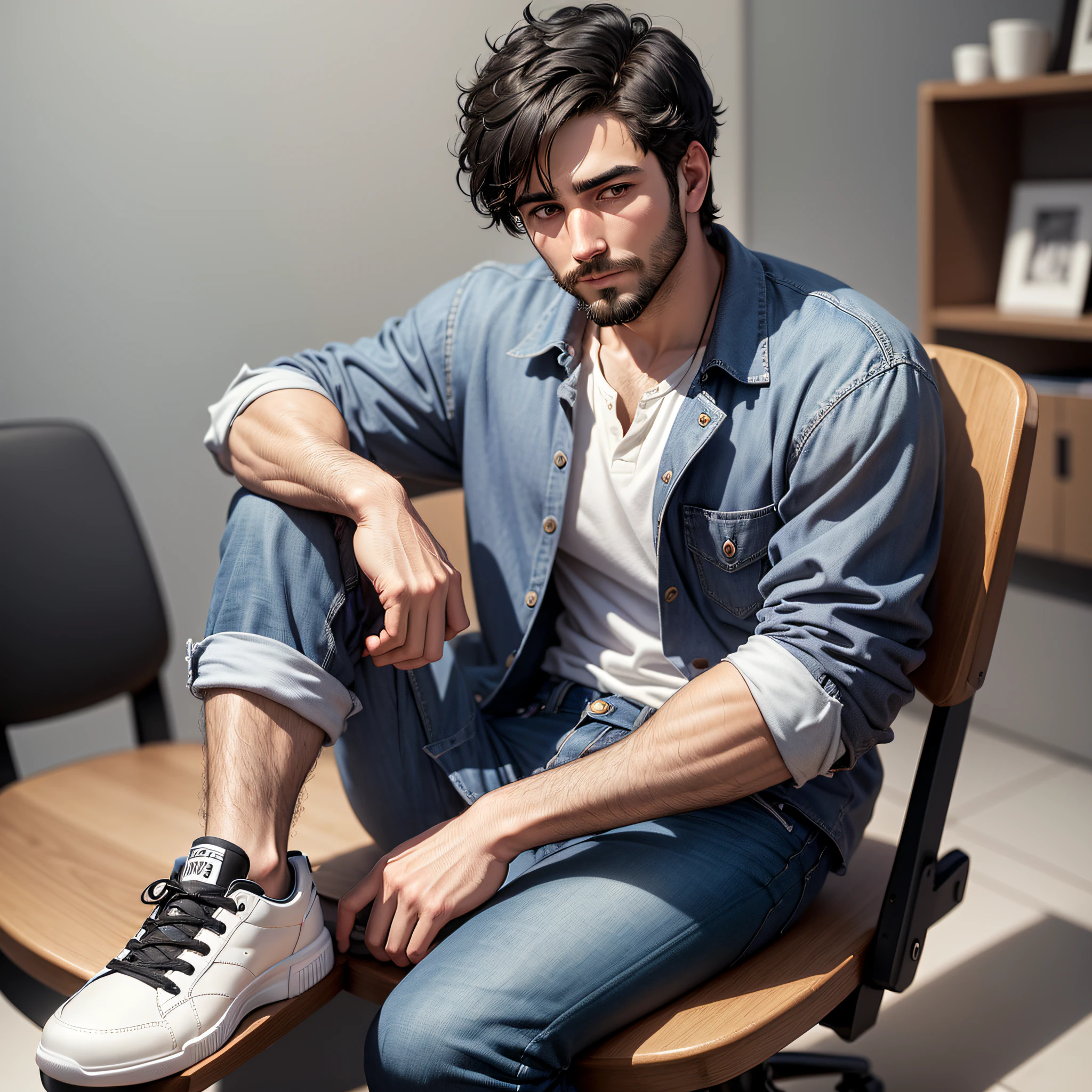 A 30-year-old man with short hair, black hair and a short beard, polo shirt and jeans, black shoes, sitting in a chair, all white background, like in a studio. --auto --s2