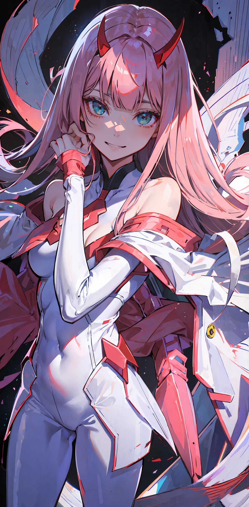 zero two \(darling in franxx\), darling in franxx, 1girl, bangs, bite, shadow, green eyes, horns, long hair, smiling, looking at the viewer, small breasts, big thighs, makeup, white bodysuit, pink hair, red eyeshadow, tight skin, solo
