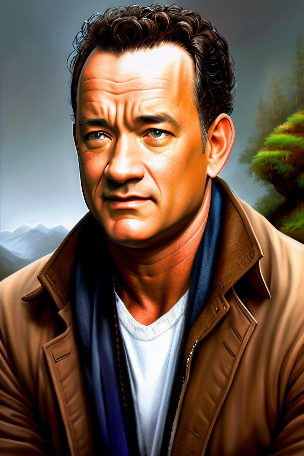 oil painting tk_char landscape, a beautiful award-winning close-up on face headshot hand-painted digital portrait painting of Tom Hanks sitting, looking at the viewer