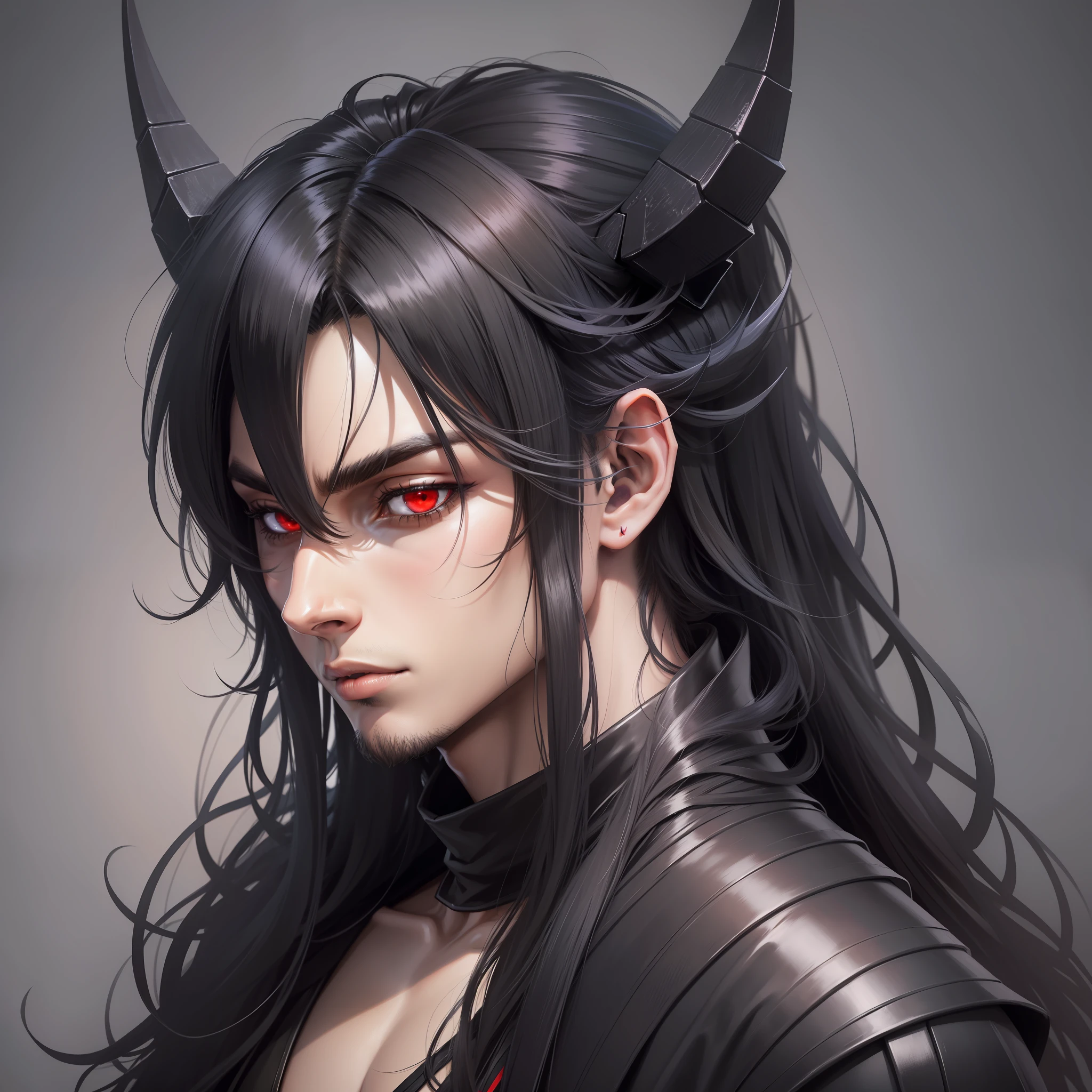 Black Dragon of the Apocalypse in its Human Form, Shaggy and Black Long Hair, Dark Look, Cold Look, Relaxed Look, Black Clothes, Red Eyes, Black Dragon Horns, Pair of Dark Wings, High Quality, 4K, Profile Picture, Profile Picture, 1 Guy, Front Face