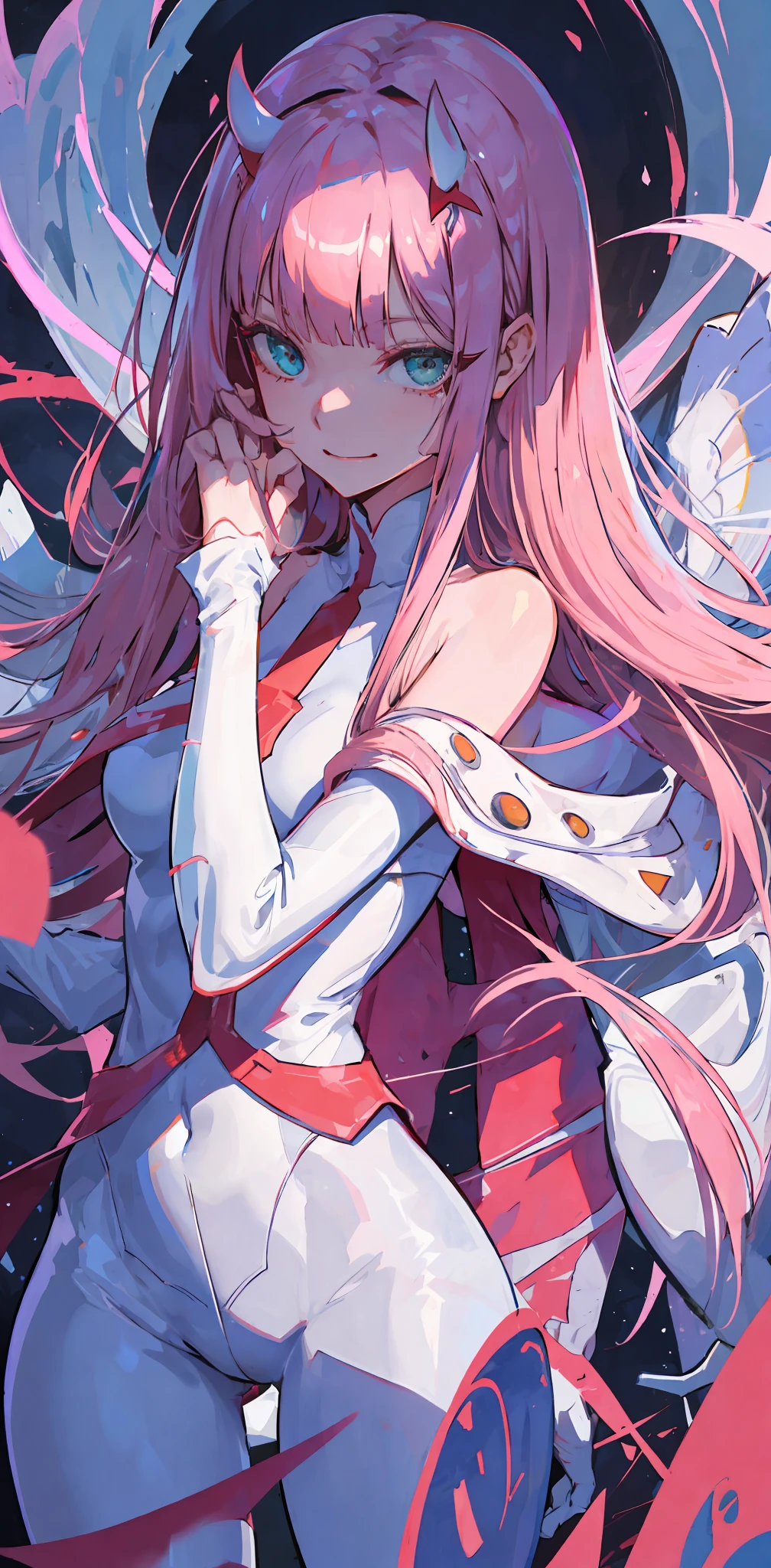 zero two \(darling in franxx\), darling in franxx, 1girl, bangs, bite, shadow, green eyes, horns, long hair, smiling, looking at the viewer, small breasts, big thighs, makeup, white bodysuit, pink hair, red eyeshadow, tight skin, solo