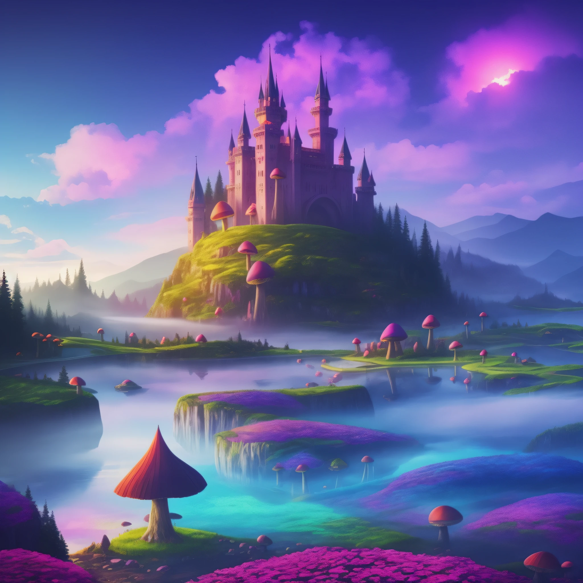 colorful world, fantasy, castle, giant mushrooms, glow, glow, fog, fantasy world, road, lake, ridiculously realistic, ridiculously detailed
