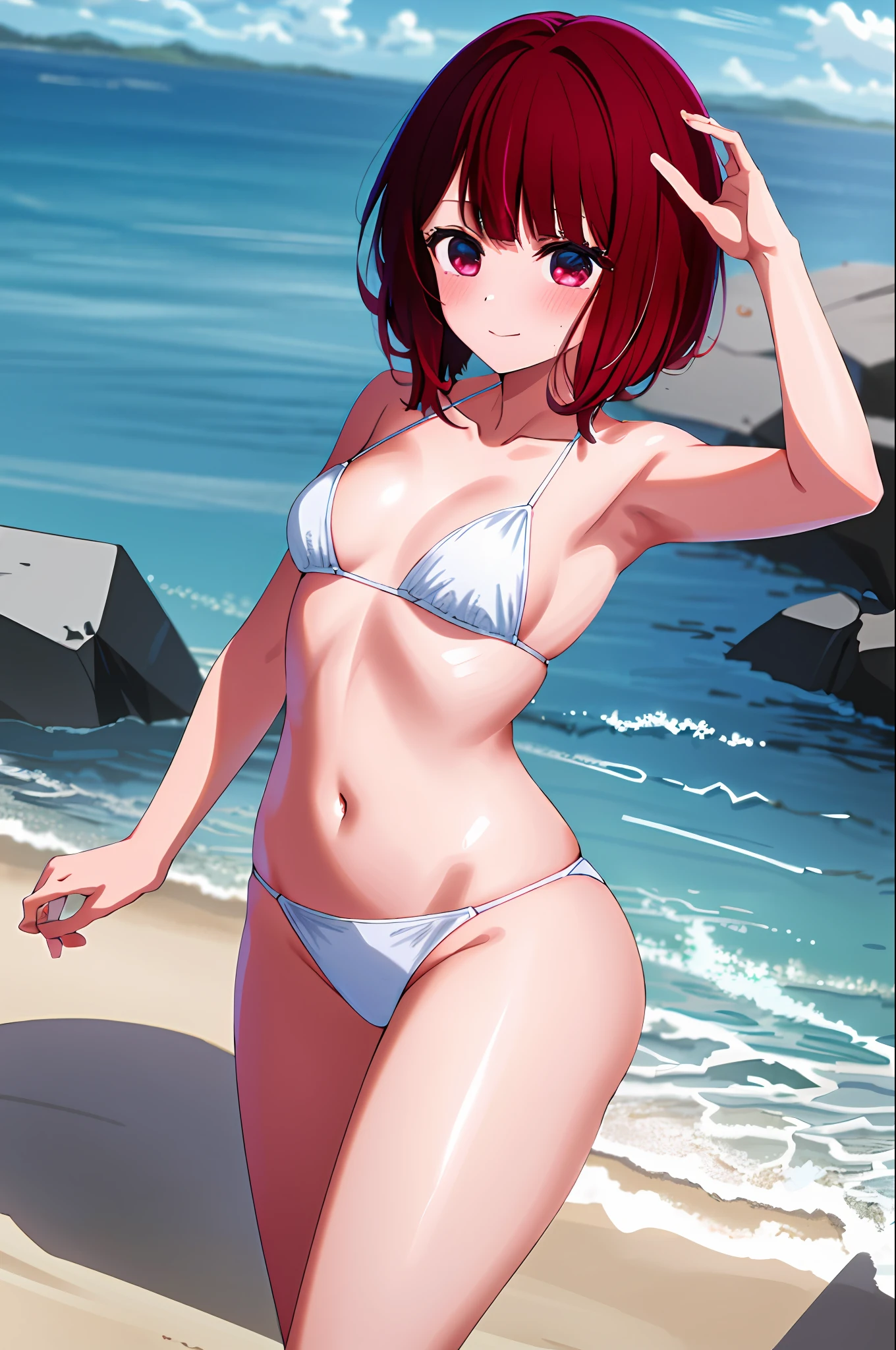 masterpiece, high quality, 8K, beautiful lighting, canarima, ((small breasts)), sparkle, surreal, glowing, absurdres, highres, ultra detailed,micro bikini, white, thick_thighs, standing, shiny_skin, blush, lovely big eyes, closed_mouth, delicate hands,, thighs, glowing, extremely CG, ultra detailed, very fine 8K CG,frontal, anime-style,(Guess)),close-range,close,cowboy shot,camera line of sight,Top view, look_up_to,Beach, Bare arms, midriff