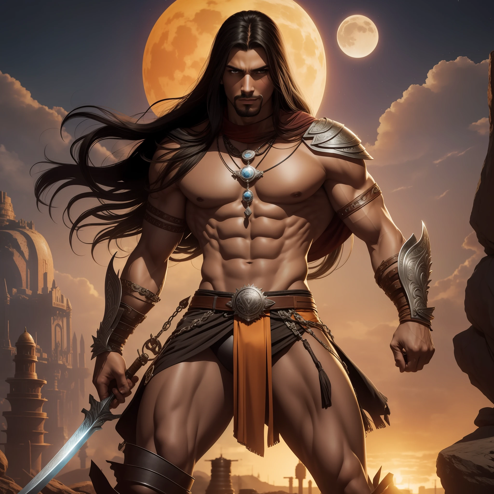 A man with long hair and a sword standing in front of a full moon ...
