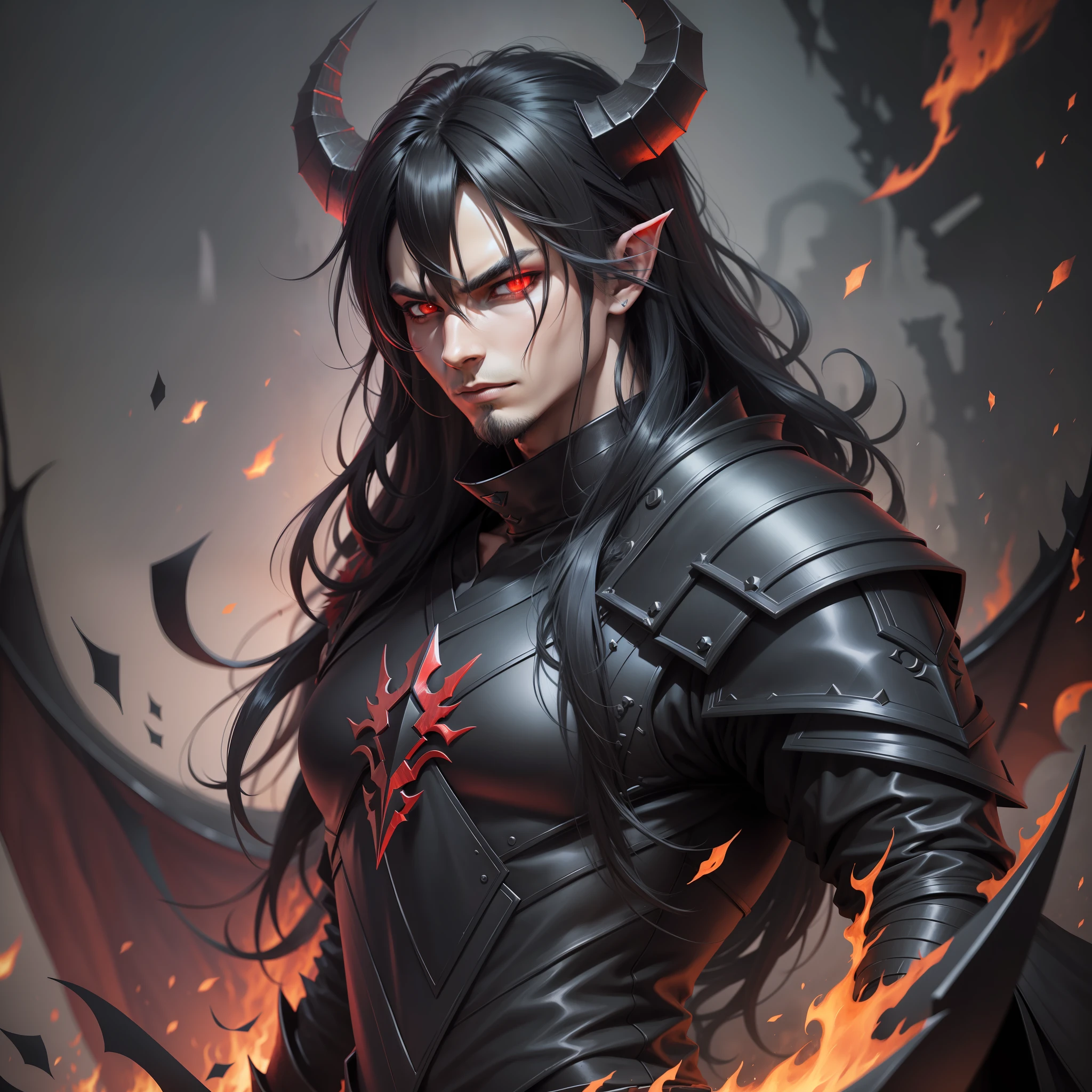 Black Dragon of the Apocalypse in its Human Form, Shaggy and Black Long Hair, Dark Look, Cold Look, Relaxed Look, Black Clothes, Red Eyes, Black Dragon Horns, Pair of Dark Wings, High Quality, 4K